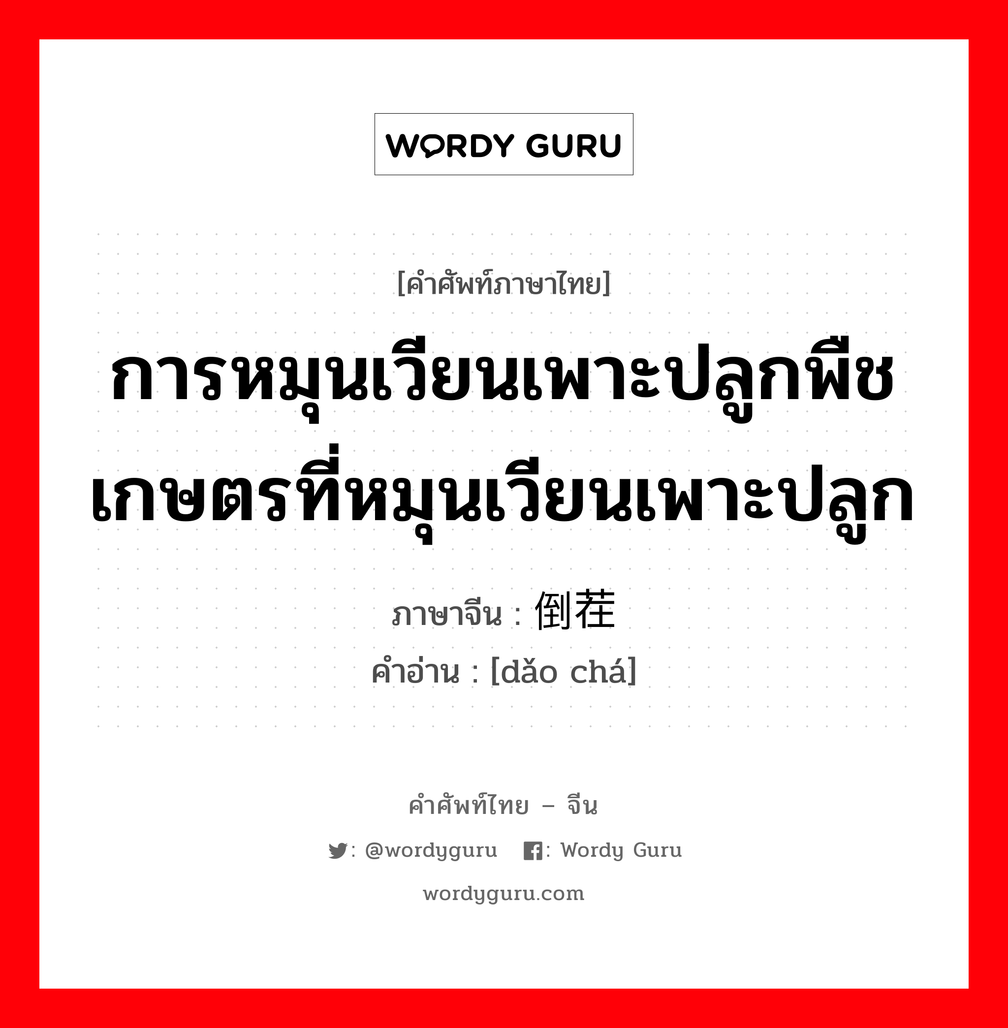 การหมุนเวียนเพาะปลูกพืชเกษตรที่หมุนเวียนเพาะปลูก ภาษาจีนคืออะไร, คำศัพท์ภาษาไทย - จีน การหมุนเวียนเพาะปลูกพืชเกษตรที่หมุนเวียนเพาะปลูก ภาษาจีน 倒茬 คำอ่าน [dǎo chá]