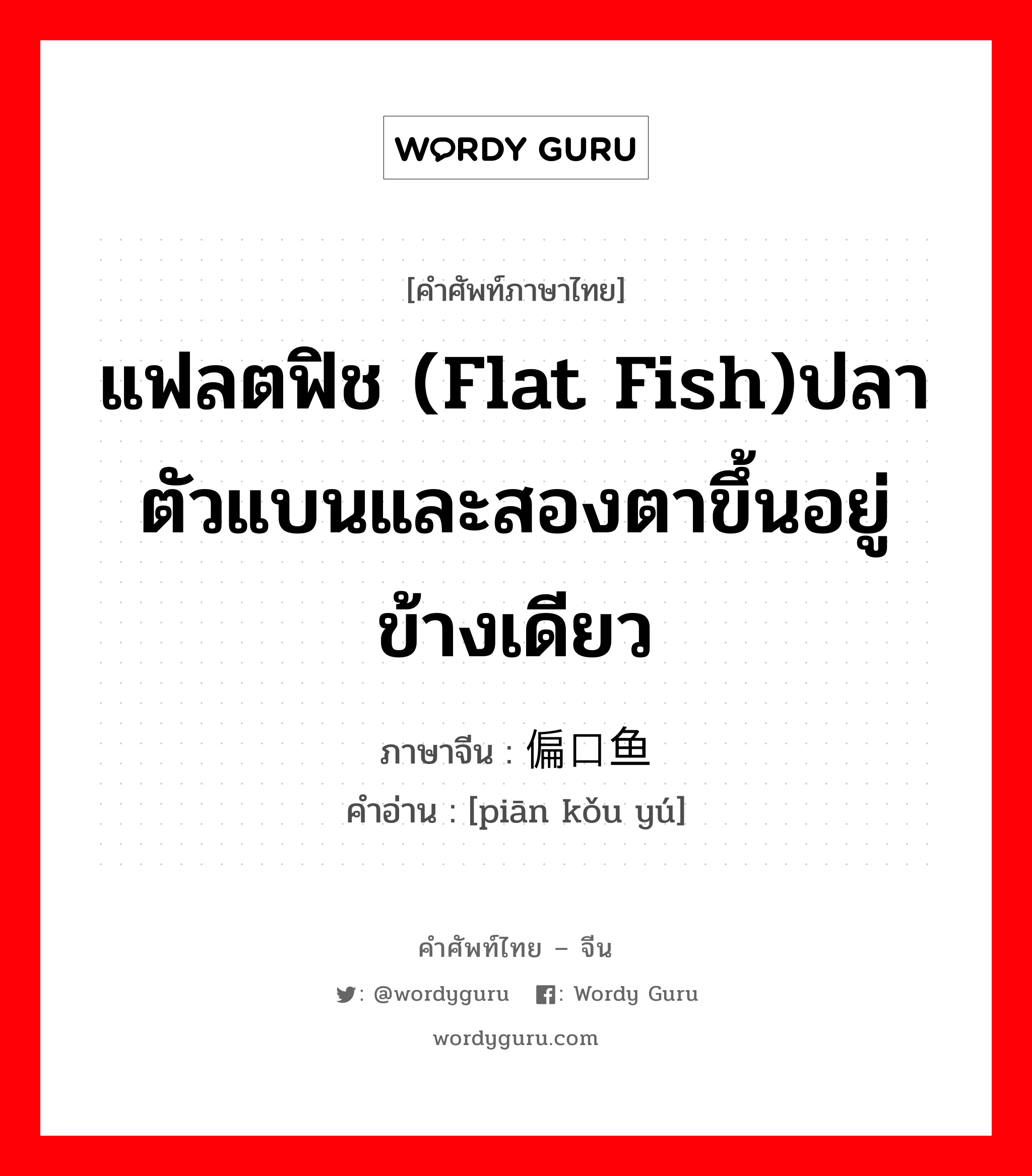 แฟลตฟิช (flat fish)ปลาตัวแบนและสองตาขึ้นอยู่ข้างเดียว ภาษาจีนคืออะไร, คำศัพท์ภาษาไทย - จีน แฟลตฟิช (flat fish)ปลาตัวแบนและสองตาขึ้นอยู่ข้างเดียว ภาษาจีน 偏口鱼 คำอ่าน [piān kǒu yú]