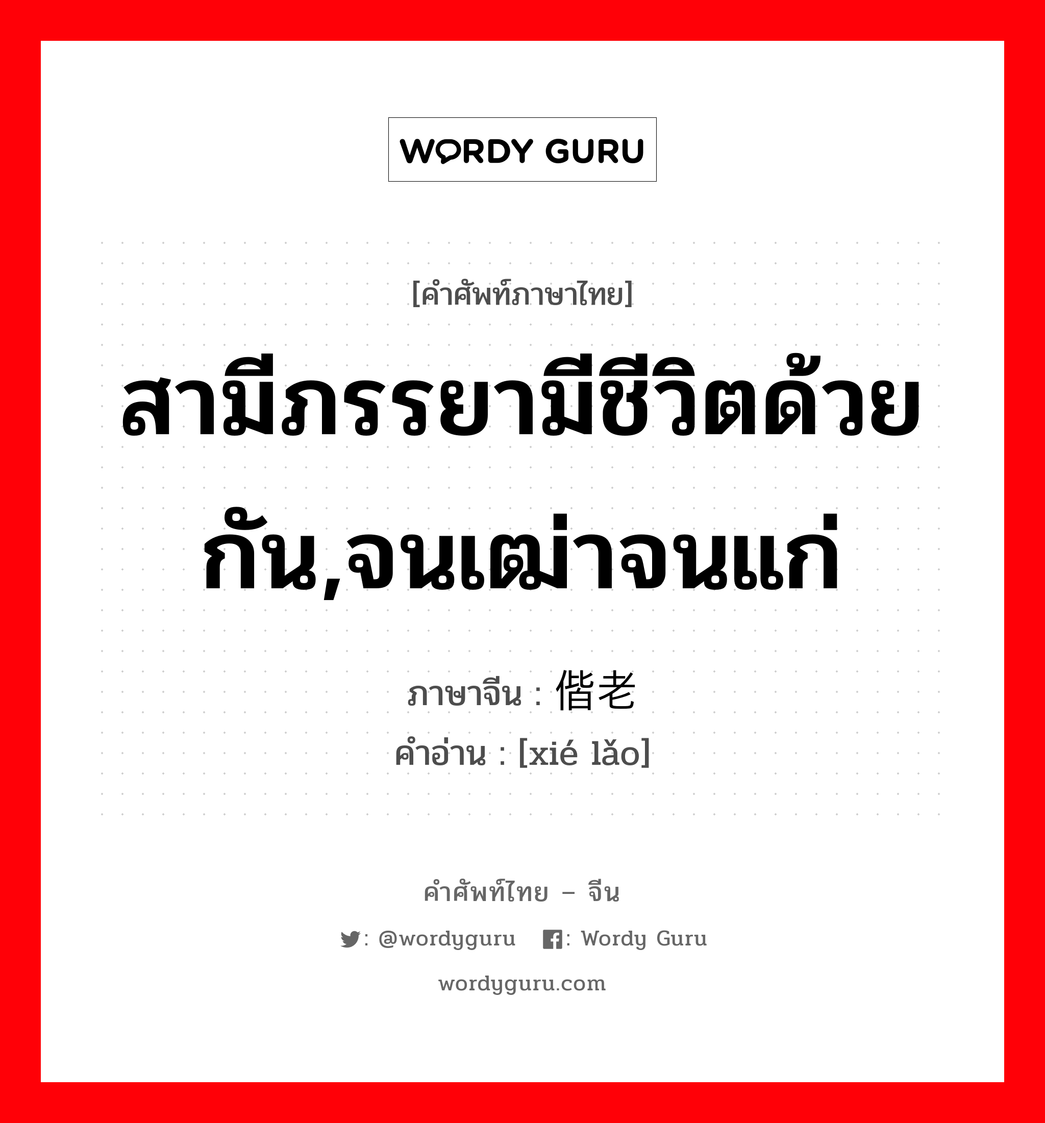 สามีภรรยามีชีวิตด้วยกัน,จนเฒ่าจนแก่ ภาษาจีนคืออะไร, คำศัพท์ภาษาไทย - จีน สามีภรรยามีชีวิตด้วยกัน,จนเฒ่าจนแก่ ภาษาจีน 偕老 คำอ่าน [xié lǎo]