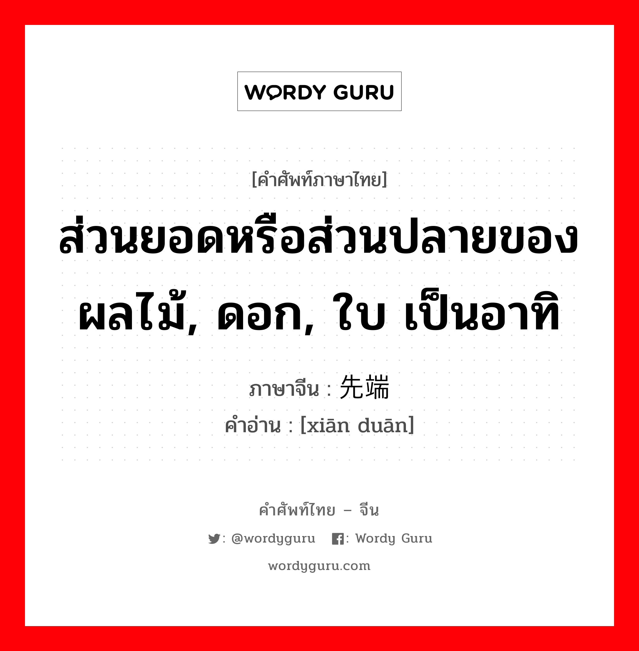 ส่วนยอดหรือส่วนปลายของผลไม้, ดอก, ใบ เป็นอาทิ ภาษาจีนคืออะไร, คำศัพท์ภาษาไทย - จีน ส่วนยอดหรือส่วนปลายของผลไม้, ดอก, ใบ เป็นอาทิ ภาษาจีน 先端 คำอ่าน [xiān duān]