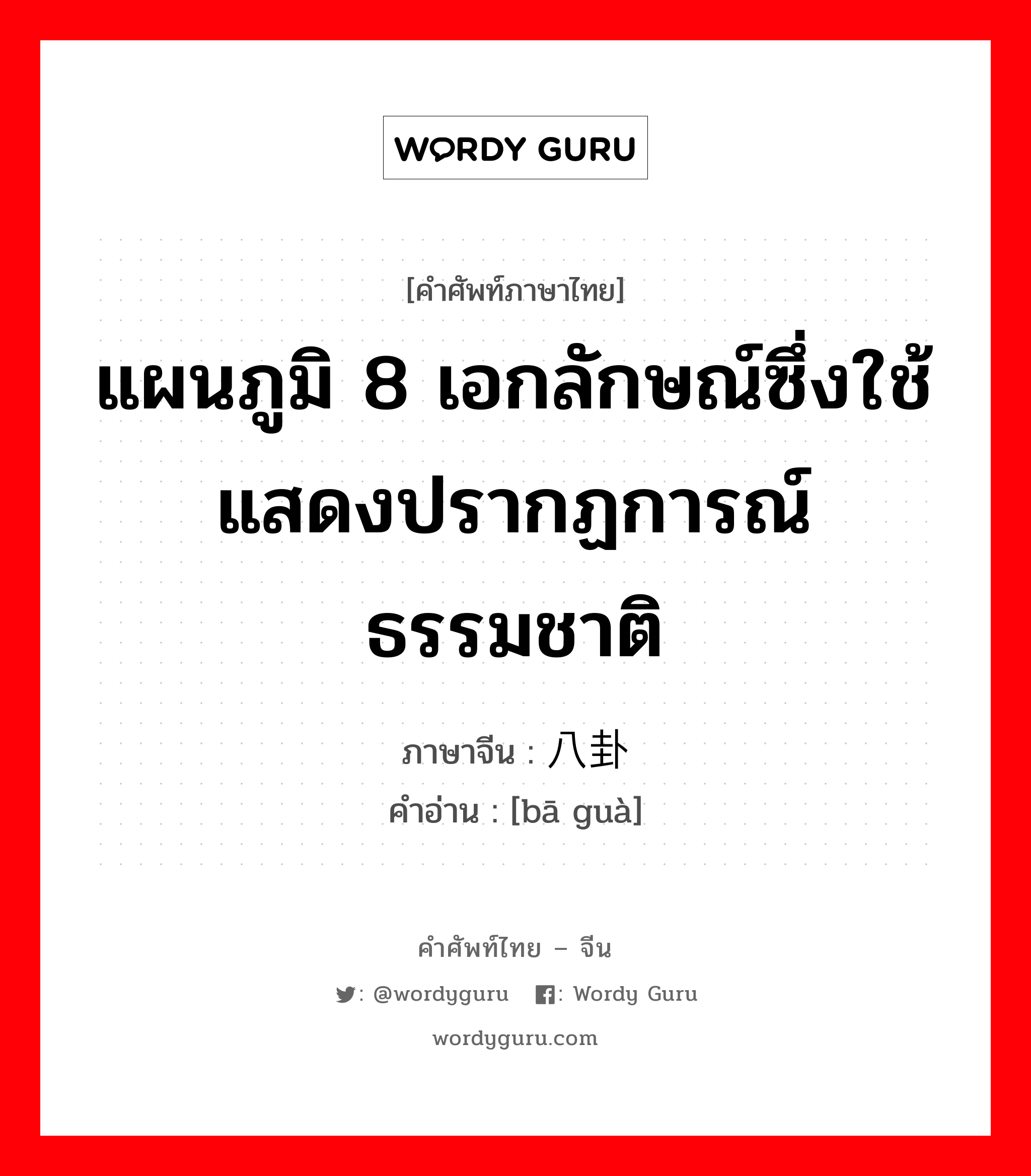 แผนภูมิ 8 เอกลักษณ์ซึ่งใช้แสดงปรากฏการณ์ธรรมชาติ ภาษาจีนคืออะไร, คำศัพท์ภาษาไทย - จีน แผนภูมิ 8 เอกลักษณ์ซึ่งใช้แสดงปรากฏการณ์ธรรมชาติ ภาษาจีน 八卦 คำอ่าน [bā guà]