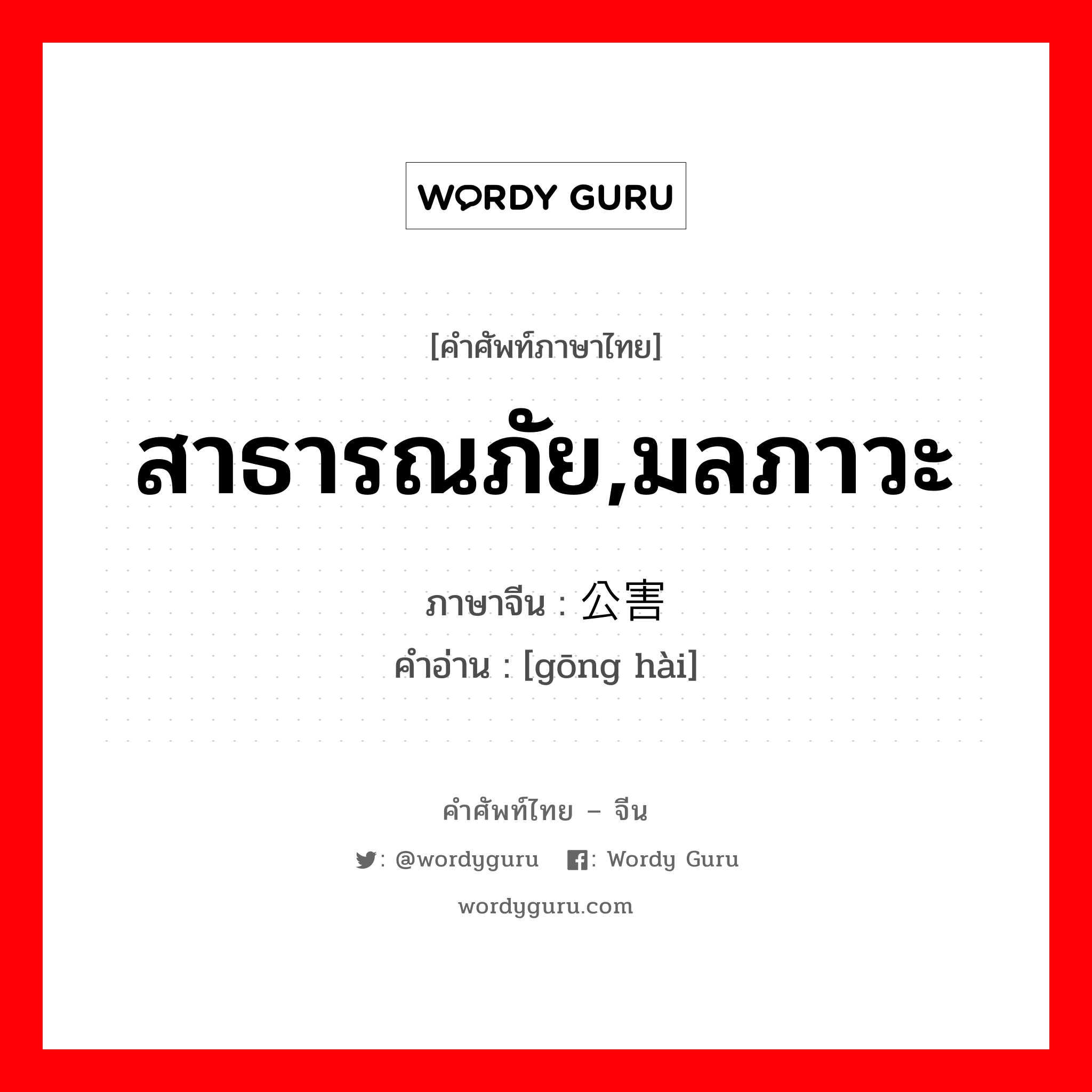 สาธารณภัย,มลภาวะ ภาษาจีนคืออะไร, คำศัพท์ภาษาไทย - จีน สาธารณภัย,มลภาวะ ภาษาจีน 公害 คำอ่าน [gōng hài]