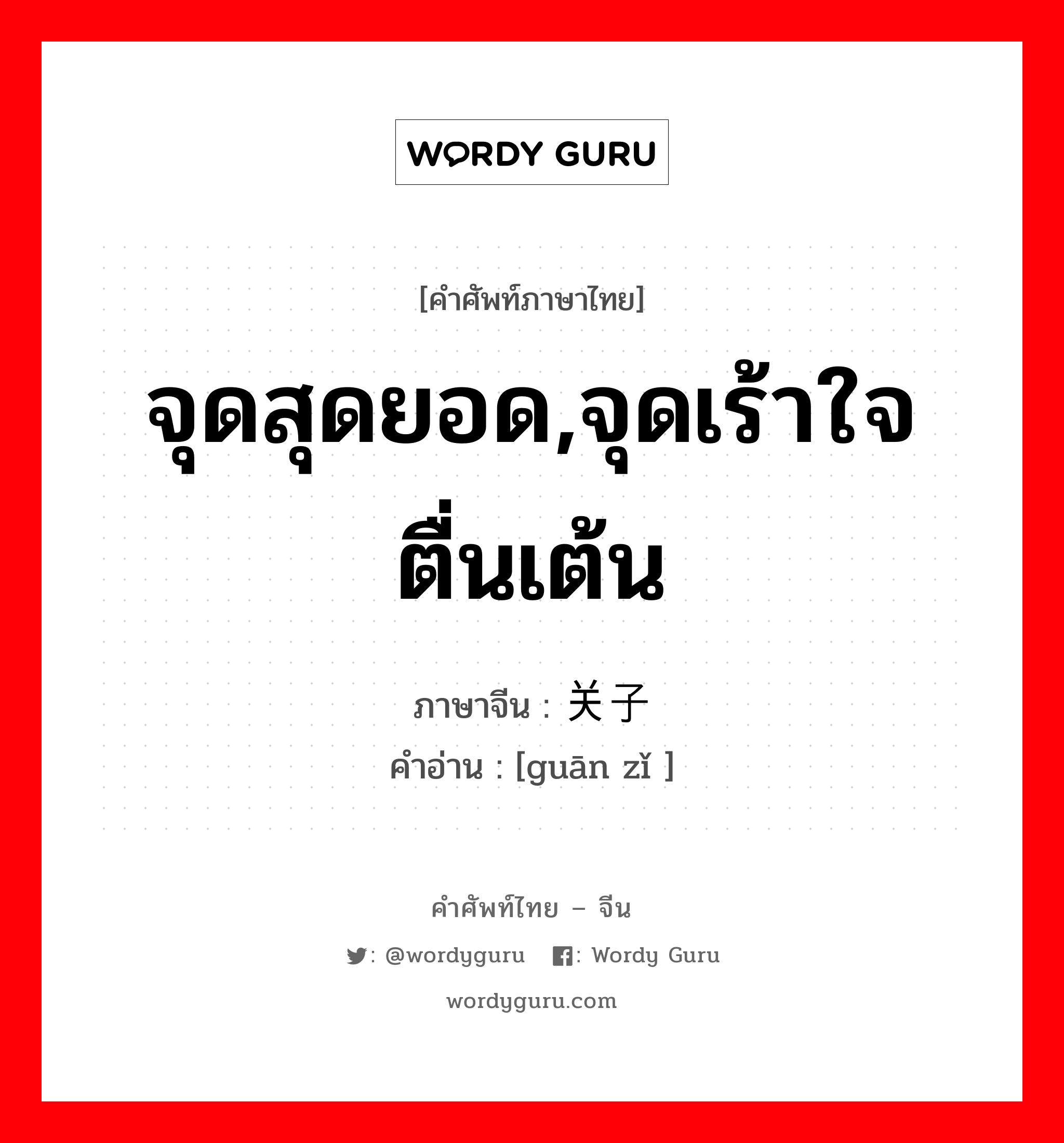 จุดสุดยอด,จุดเร้าใจตื่นเต้น ภาษาจีนคืออะไร, คำศัพท์ภาษาไทย - จีน จุดสุดยอด,จุดเร้าใจตื่นเต้น ภาษาจีน 关子 คำอ่าน [guān zǐ ]