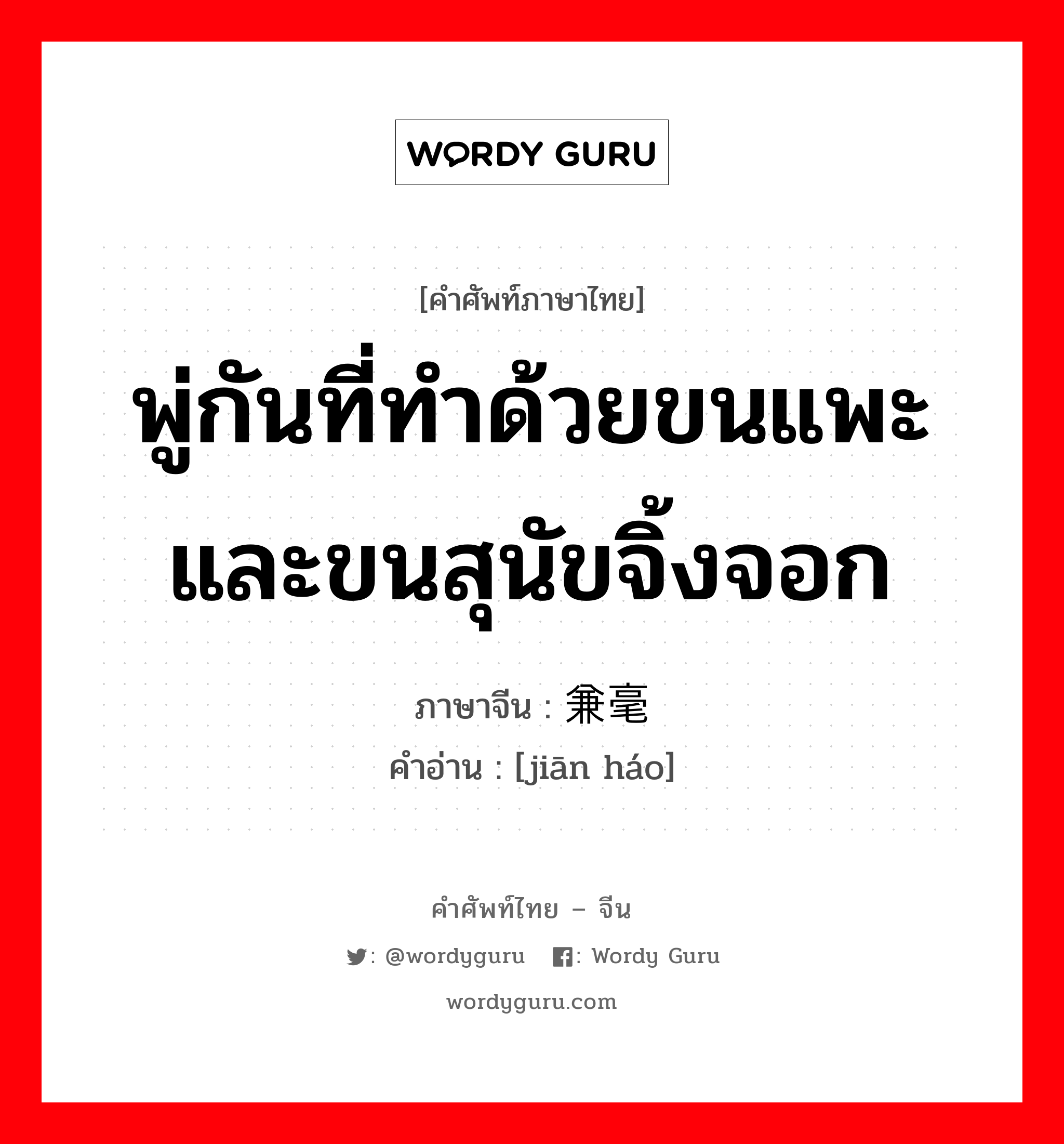 พู่กันที่ทำด้วยขนแพะและขนสุนัขจิ้งจอก ภาษาจีนคืออะไร, คำศัพท์ภาษาไทย - จีน พู่กันที่ทำด้วยขนแพะและขนสุนัขจิ้งจอก ภาษาจีน 兼毫 คำอ่าน [jiān háo]