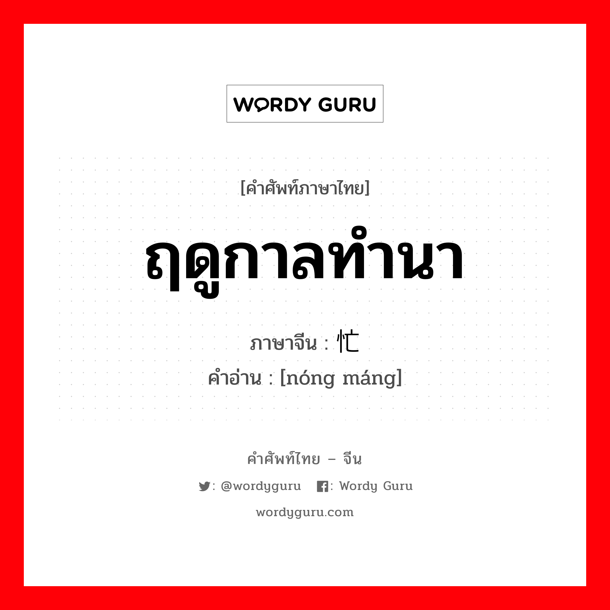 ฤดูกาลทำนา ภาษาจีนคืออะไร, คำศัพท์ภาษาไทย - จีน ฤดูกาลทำนา ภาษาจีน 农忙 คำอ่าน [nóng máng]