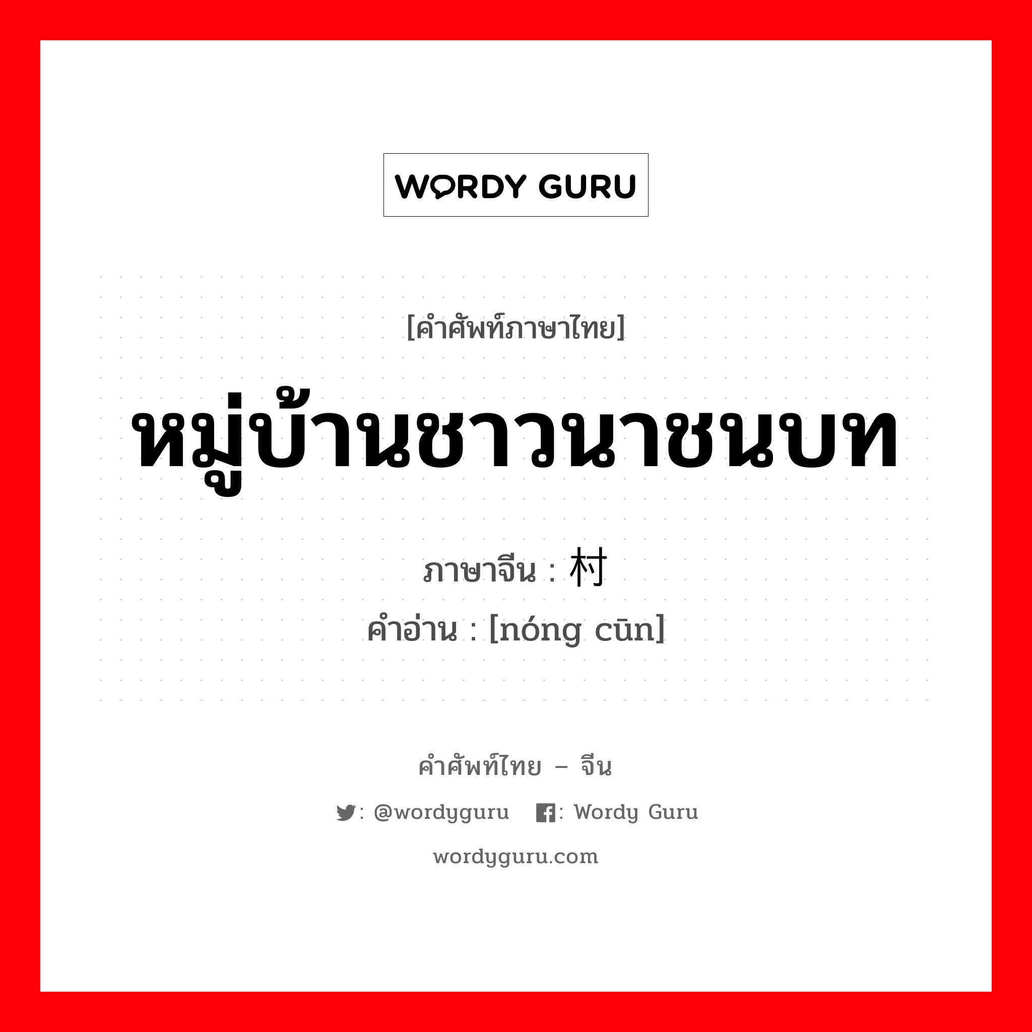 หมู่บ้านชาวนาชนบท ภาษาจีนคืออะไร, คำศัพท์ภาษาไทย - จีน หมู่บ้านชาวนาชนบท ภาษาจีน 农村 คำอ่าน [nóng cūn]