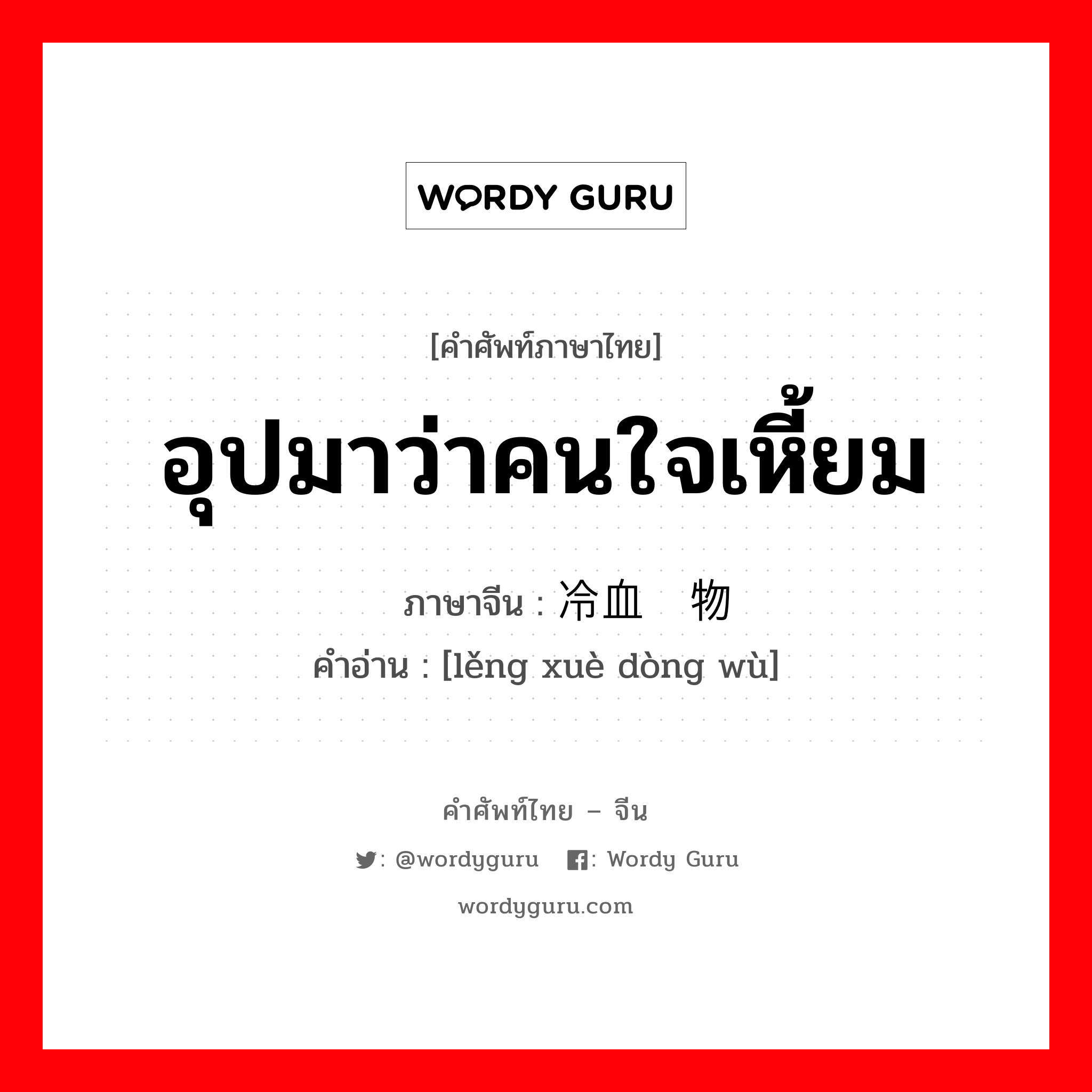 อุปมาว่าคนใจเหี้ยม ภาษาจีนคืออะไร, คำศัพท์ภาษาไทย - จีน อุปมาว่าคนใจเหี้ยม ภาษาจีน 冷血动物 คำอ่าน [lěng xuè dòng wù]