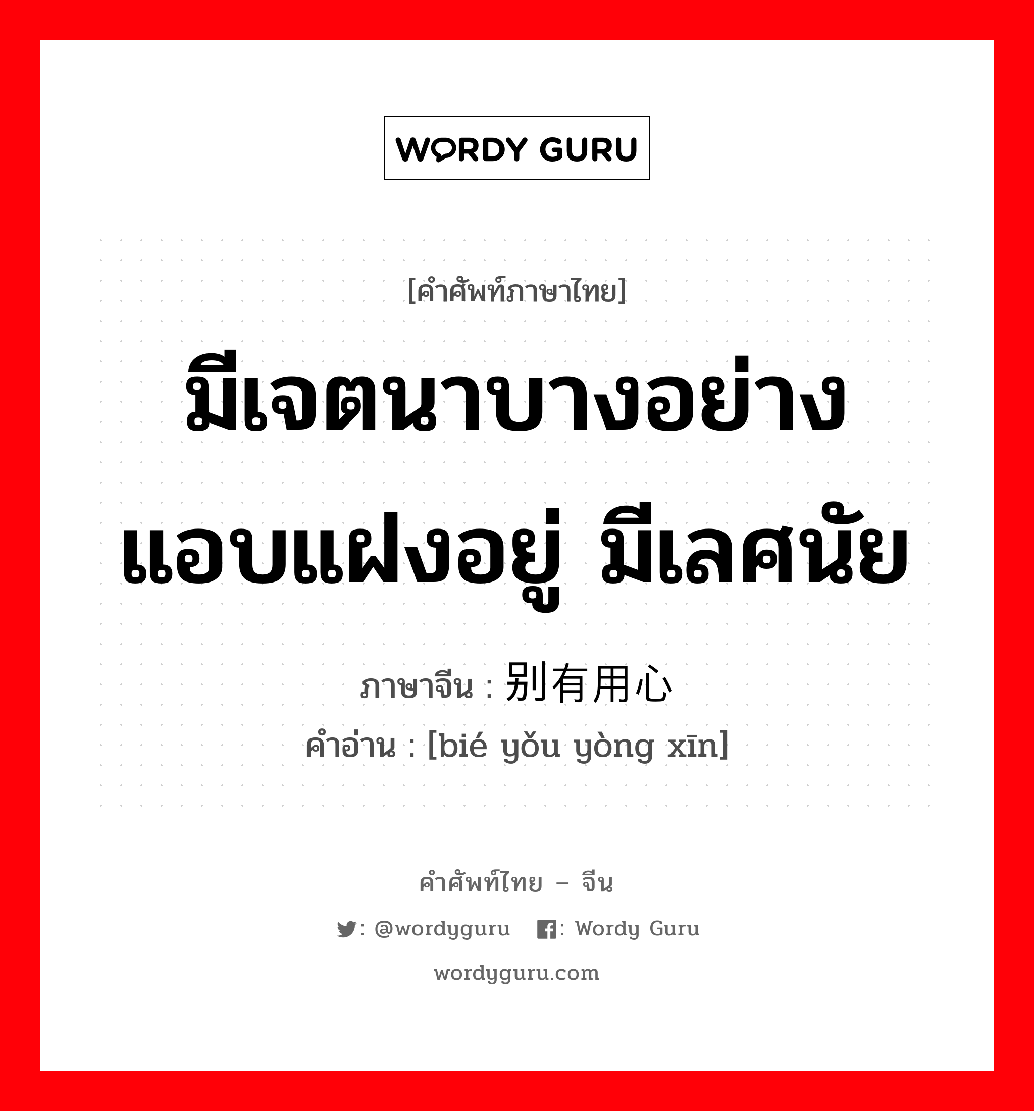 มีเจตนาบางอย่างแอบแฝงอยู่ มีเลศนัย ภาษาจีนคืออะไร, คำศัพท์ภาษาไทย - จีน มีเจตนาบางอย่างแอบแฝงอยู่ มีเลศนัย ภาษาจีน 别有用心 คำอ่าน [bié yǒu yòng xīn]