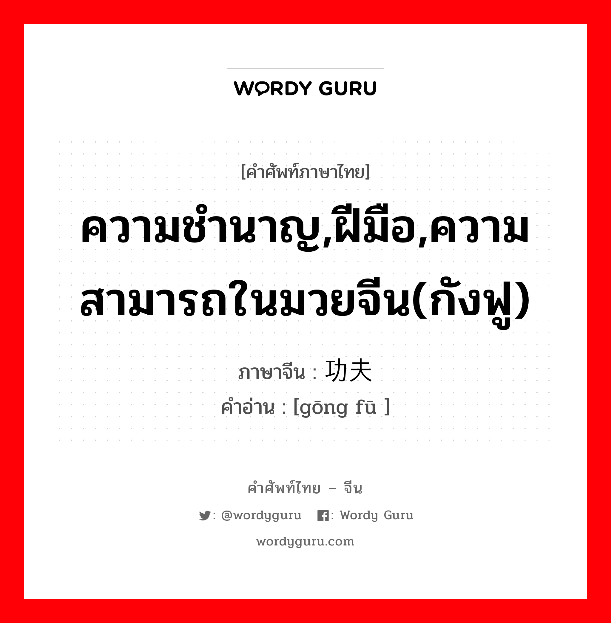 ความชำนาญ,ฝีมือ,ความสามารถในมวยจีน(กังฟู) ภาษาจีนคืออะไร, คำศัพท์ภาษาไทย - จีน ความชำนาญ,ฝีมือ,ความสามารถในมวยจีน(กังฟู) ภาษาจีน 功夫 คำอ่าน [gōng fū ]