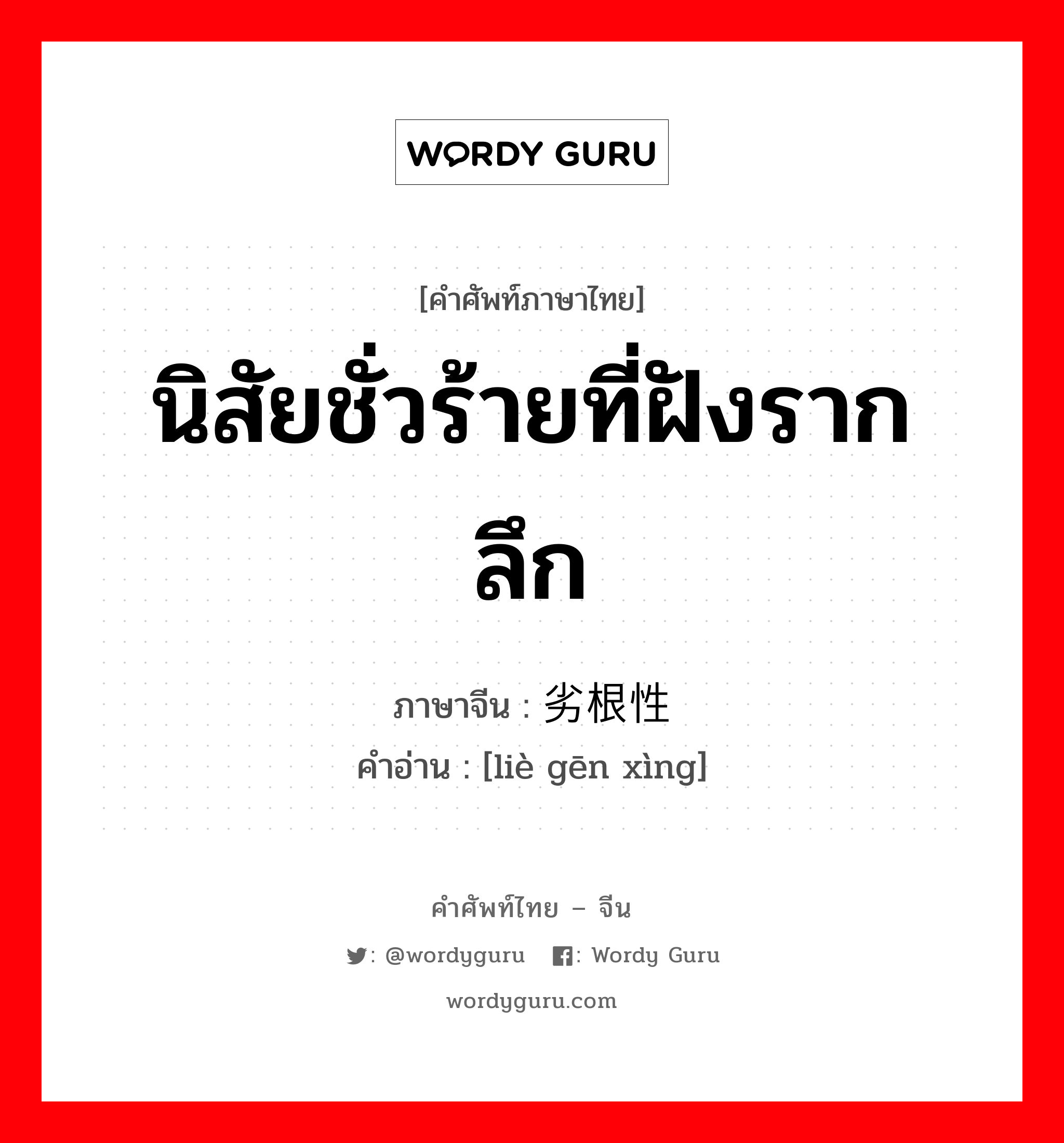 นิสัยชั่วร้ายที่ฝังรากลึก ภาษาจีนคืออะไร, คำศัพท์ภาษาไทย - จีน นิสัยชั่วร้ายที่ฝังรากลึก ภาษาจีน 劣根性 คำอ่าน [liè gēn xìng]