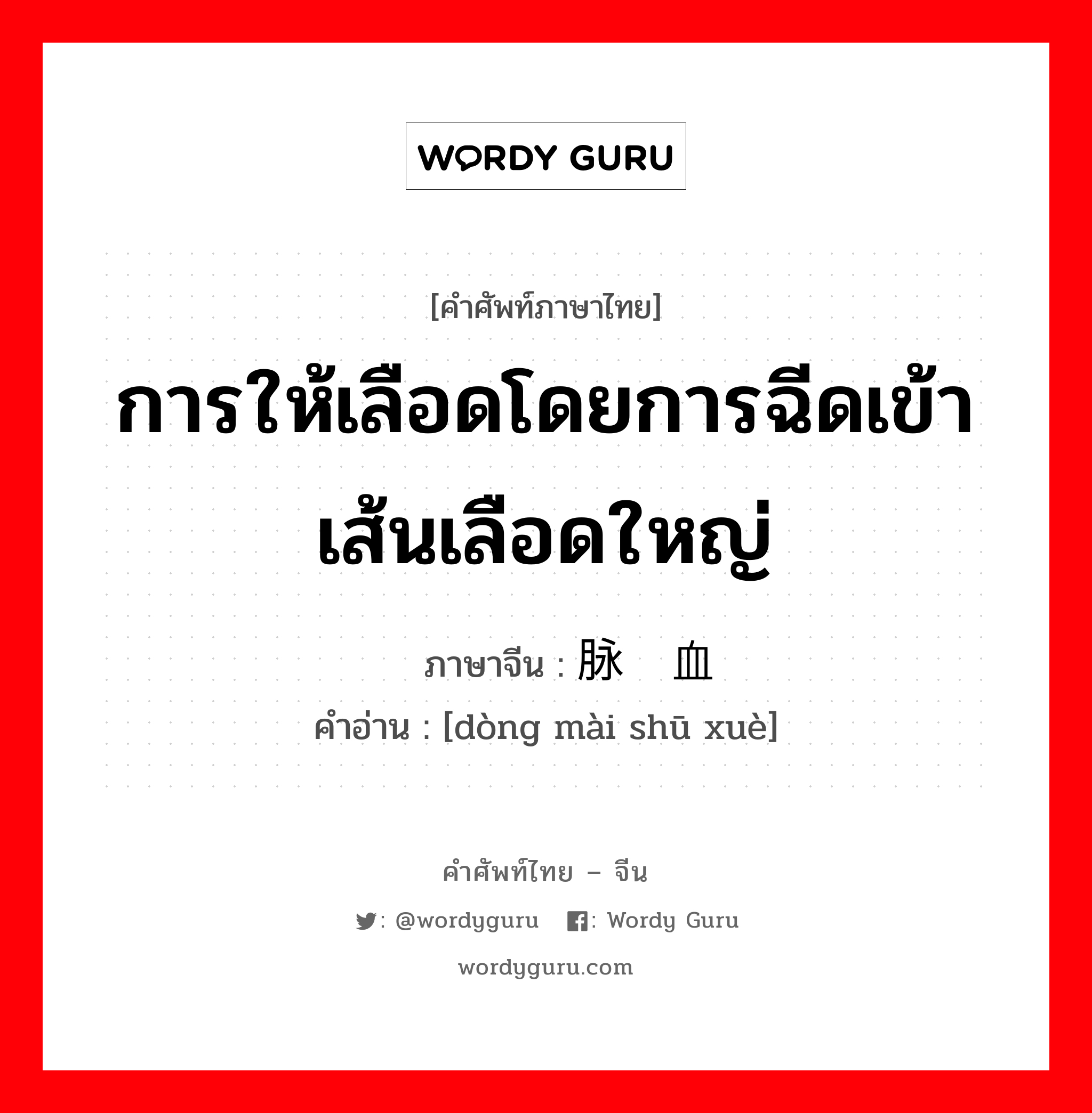 การให้เลือดโดยการฉีดเข้าเส้นเลือดใหญ่ ภาษาจีนคืออะไร, คำศัพท์ภาษาไทย - จีน การให้เลือดโดยการฉีดเข้าเส้นเลือดใหญ่ ภาษาจีน 动脉输血 คำอ่าน [dòng mài shū xuè]