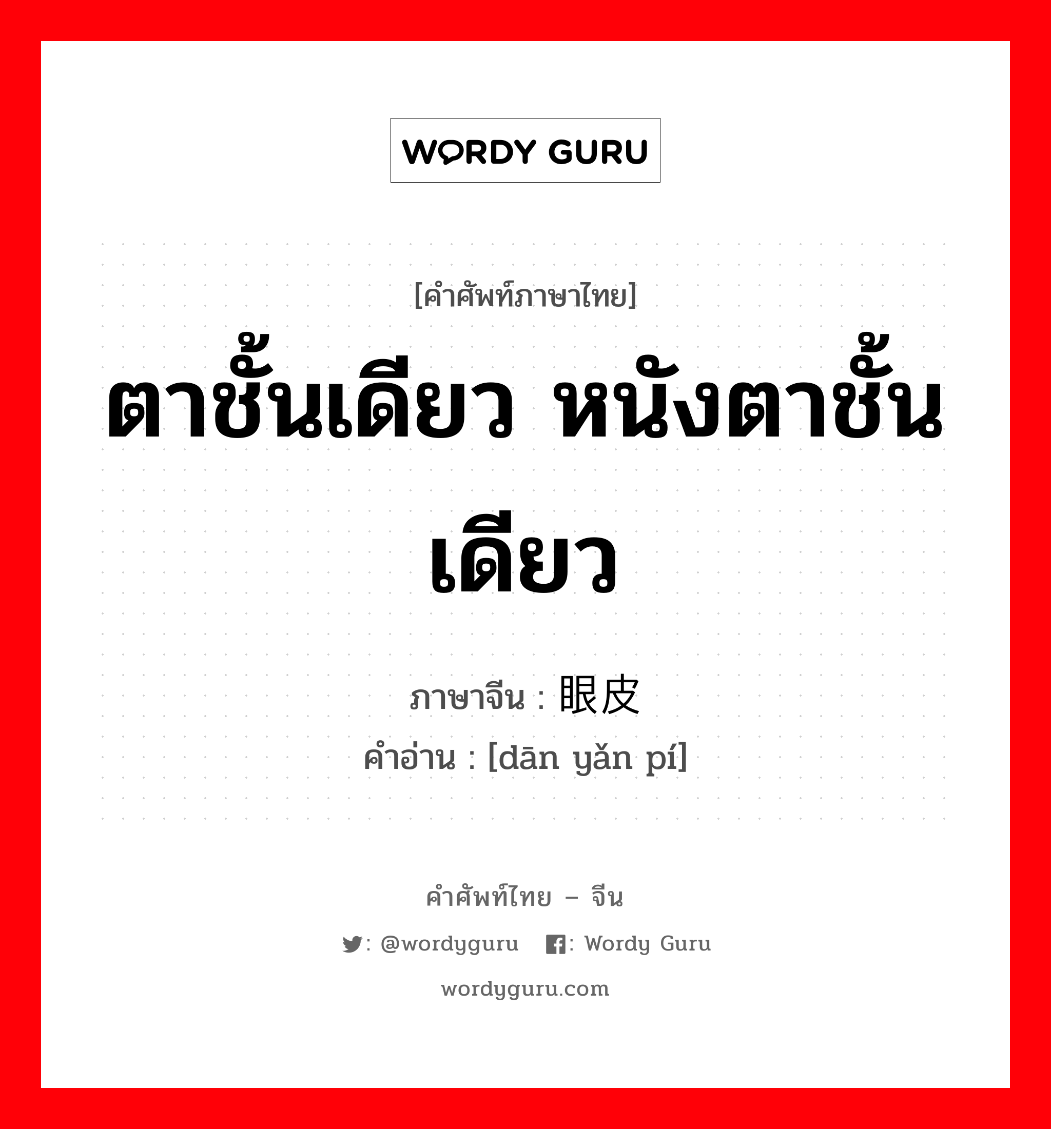 ตาชั้นเดียว หนังตาชั้นเดียว ภาษาจีนคืออะไร, คำศัพท์ภาษาไทย - จีน ตาชั้นเดียว หนังตาชั้นเดียว ภาษาจีน 单眼皮 คำอ่าน [dān yǎn pí]