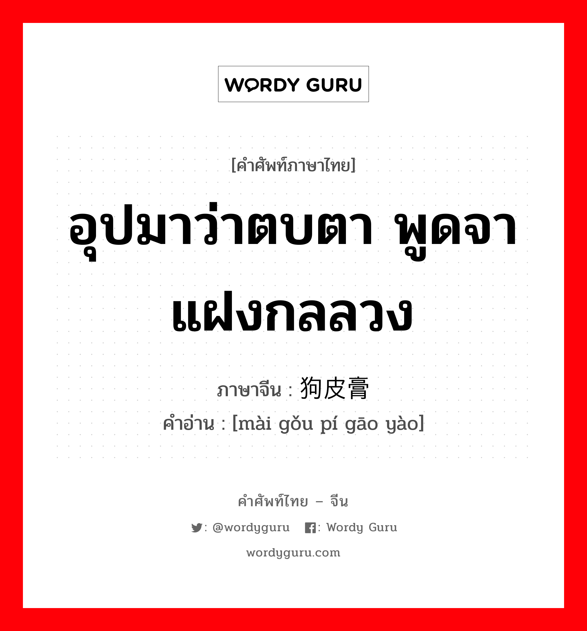 อุปมาว่าตบตา พูดจาแฝงกลลวง ภาษาจีนคืออะไร, คำศัพท์ภาษาไทย - จีน อุปมาว่าตบตา พูดจาแฝงกลลวง ภาษาจีน 卖狗皮膏药 คำอ่าน [mài gǒu pí gāo yào]