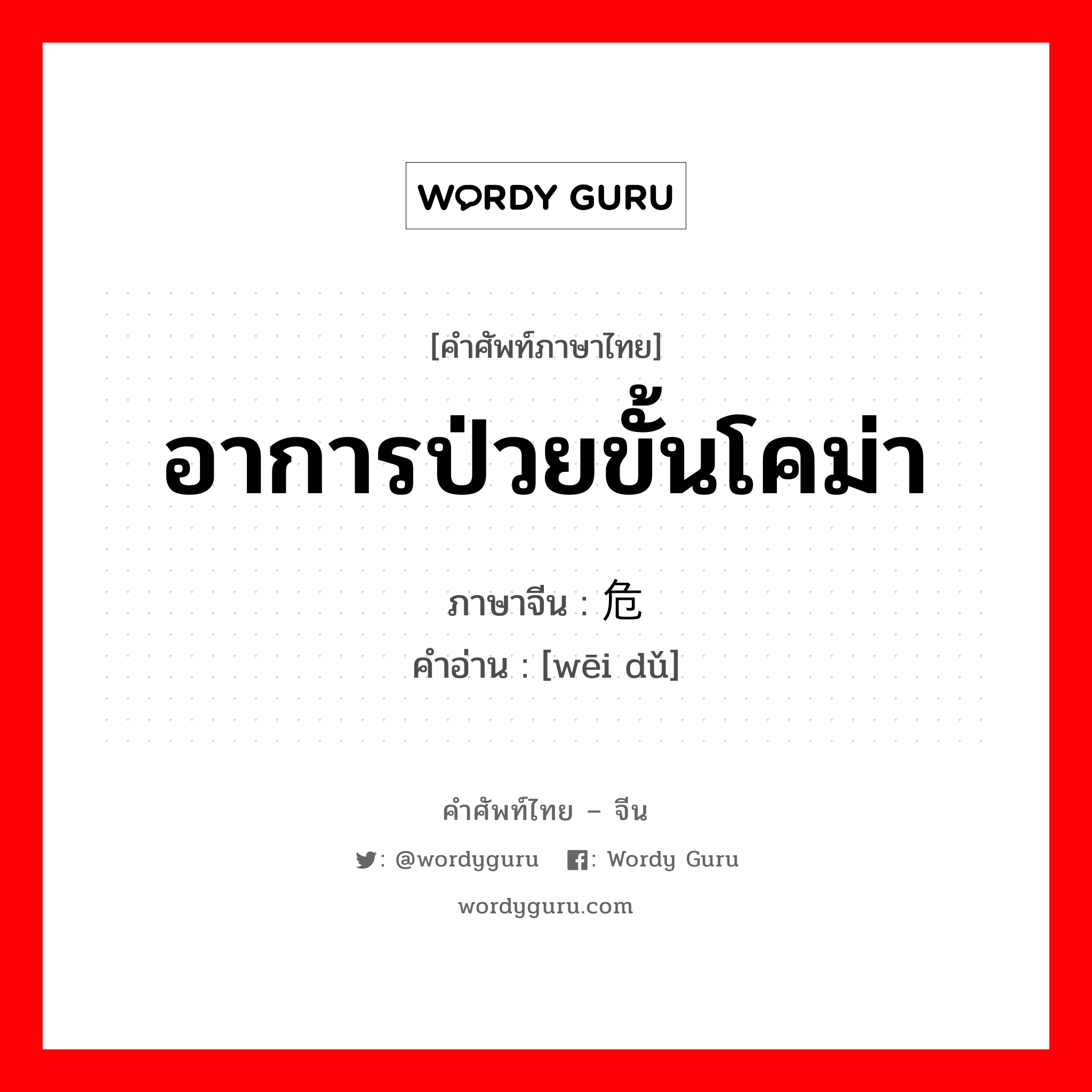 อาการป่วยขั้นโคม่า ภาษาจีนคืออะไร, คำศัพท์ภาษาไทย - จีน อาการป่วยขั้นโคม่า ภาษาจีน 危笃 คำอ่าน [wēi dǔ]