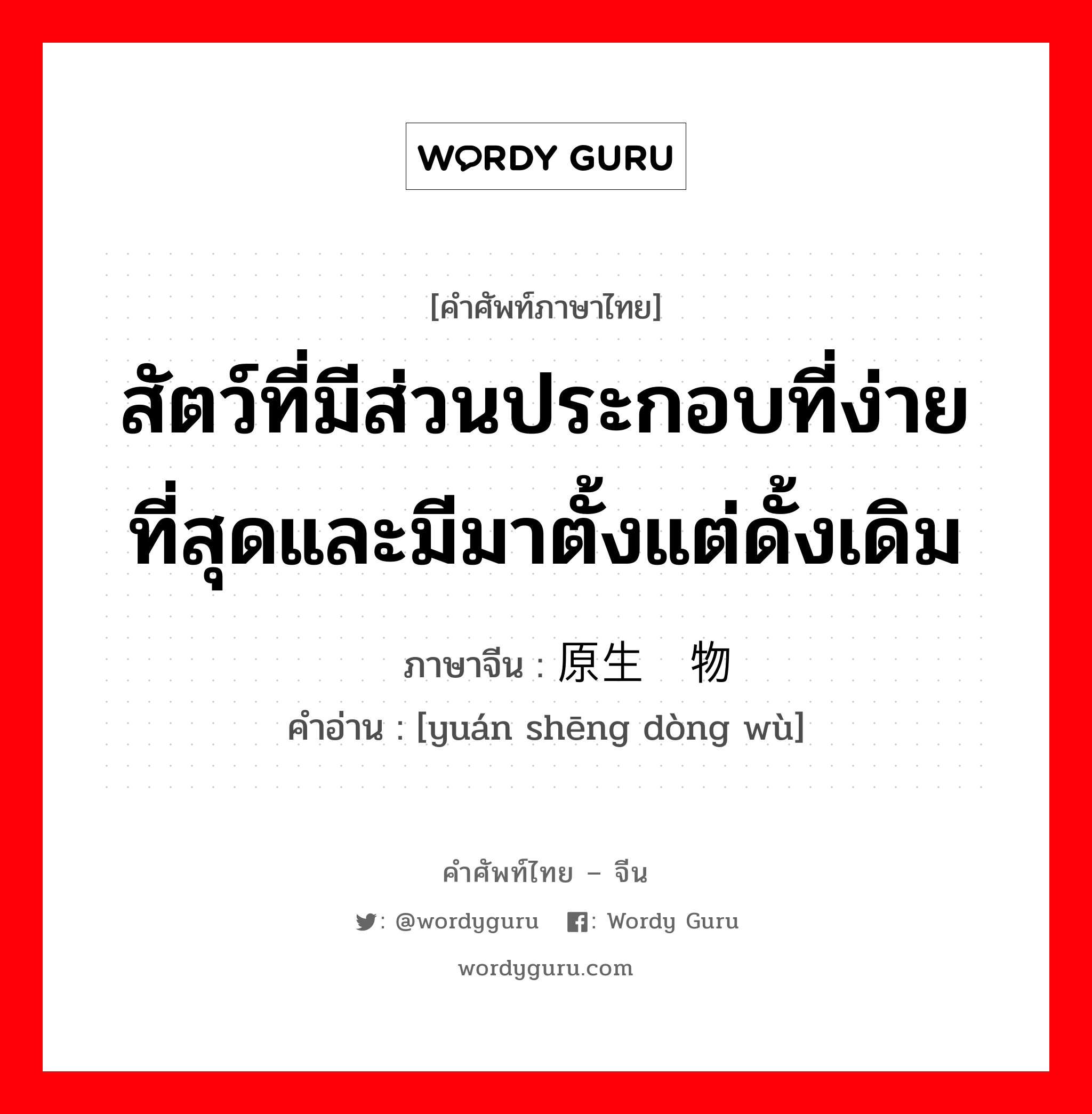 สัตว์ที่มีส่วนประกอบที่ง่ายที่สุดและมีมาตั้งแต่ดั้งเดิม ภาษาจีนคืออะไร, คำศัพท์ภาษาไทย - จีน สัตว์ที่มีส่วนประกอบที่ง่ายที่สุดและมีมาตั้งแต่ดั้งเดิม ภาษาจีน 原生动物 คำอ่าน [yuán shēng dòng wù]