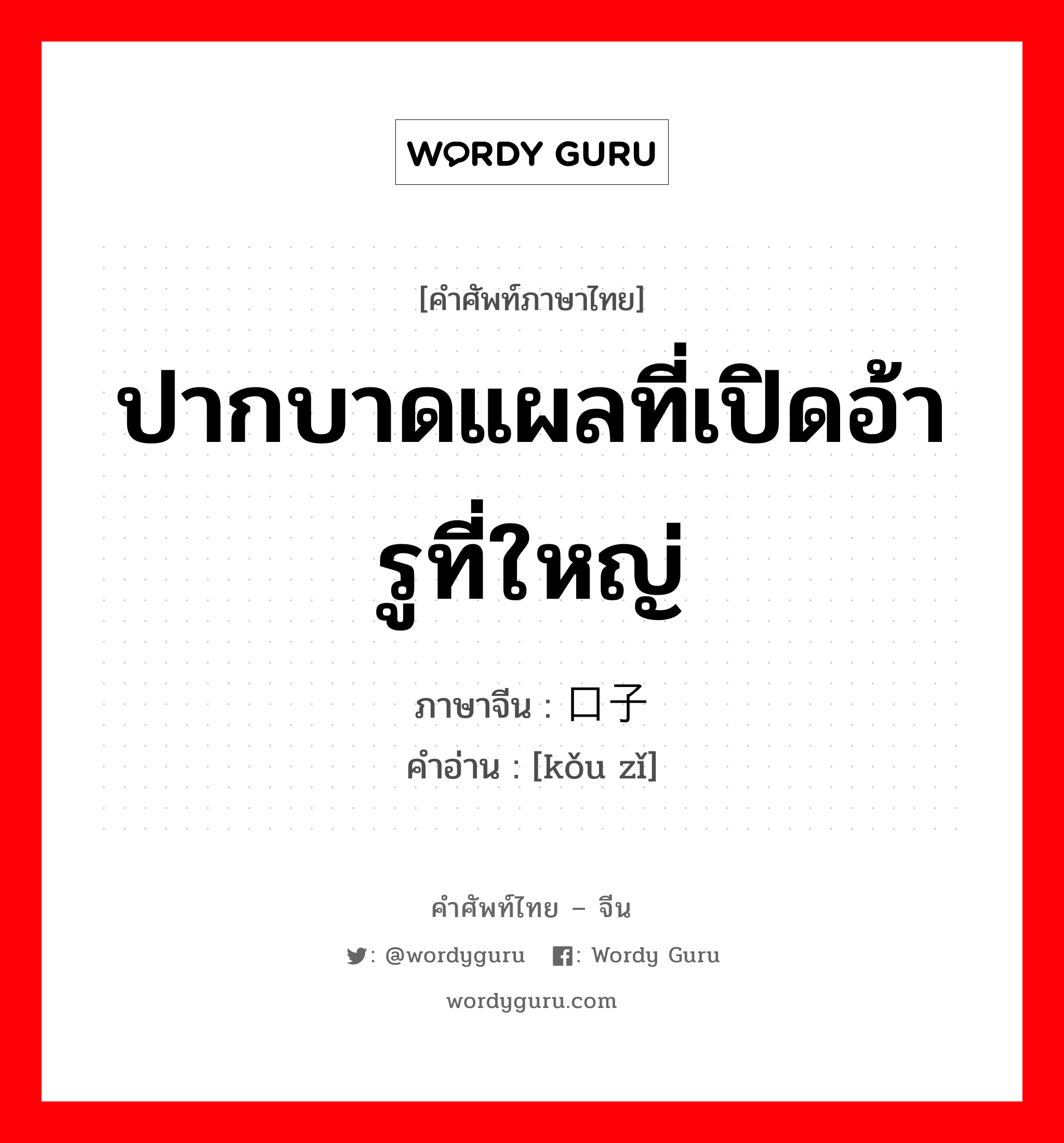 ปากบาดแผลที่เปิดอ้ารูที่ใหญ่ ภาษาจีนคืออะไร, คำศัพท์ภาษาไทย - จีน ปากบาดแผลที่เปิดอ้ารูที่ใหญ่ ภาษาจีน 口子 คำอ่าน [kǒu zǐ]