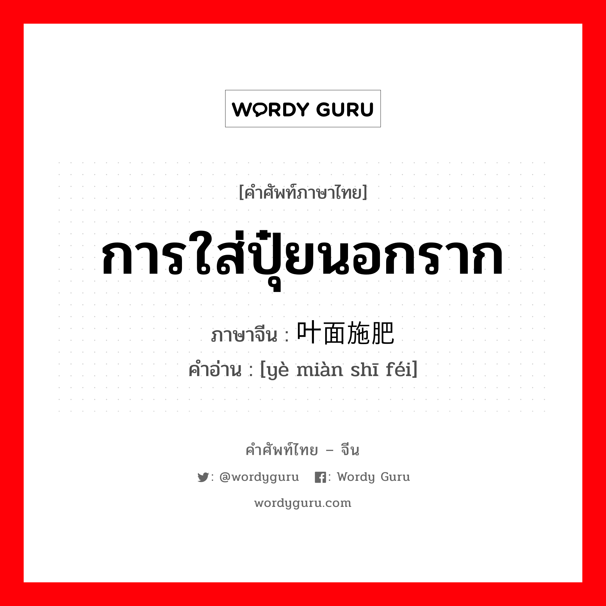 การใส่ปุ๋ยนอกราก ภาษาจีนคืออะไร, คำศัพท์ภาษาไทย - จีน การใส่ปุ๋ยนอกราก ภาษาจีน 叶面施肥 คำอ่าน [yè miàn shī féi]