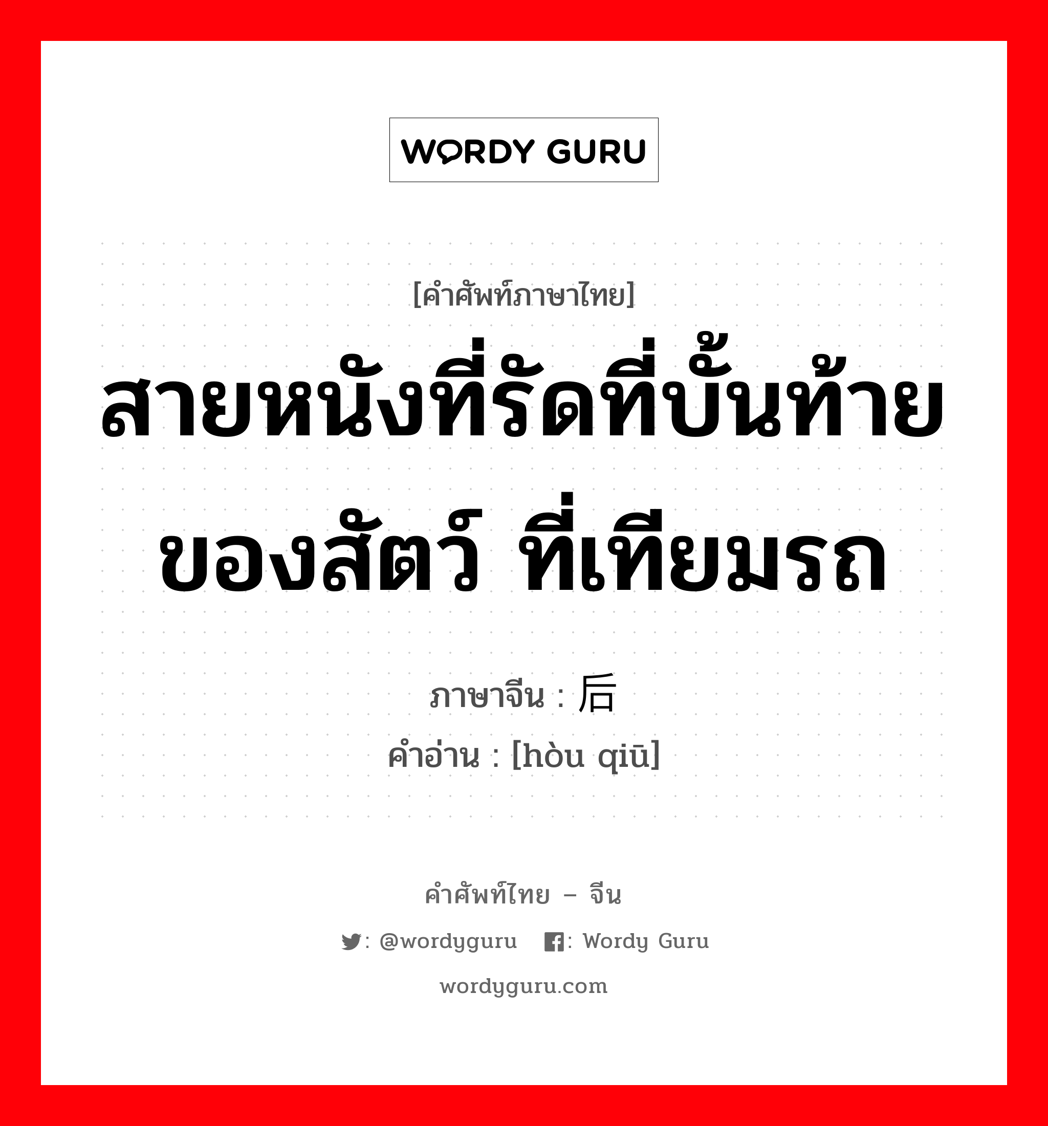 สายหนังที่รัดที่บั้นท้ายของสัตว์ ที่เทียมรถ ภาษาจีนคืออะไร, คำศัพท์ภาษาไทย - จีน สายหนังที่รัดที่บั้นท้ายของสัตว์ ที่เทียมรถ ภาษาจีน 后鞧 คำอ่าน [hòu qiū]