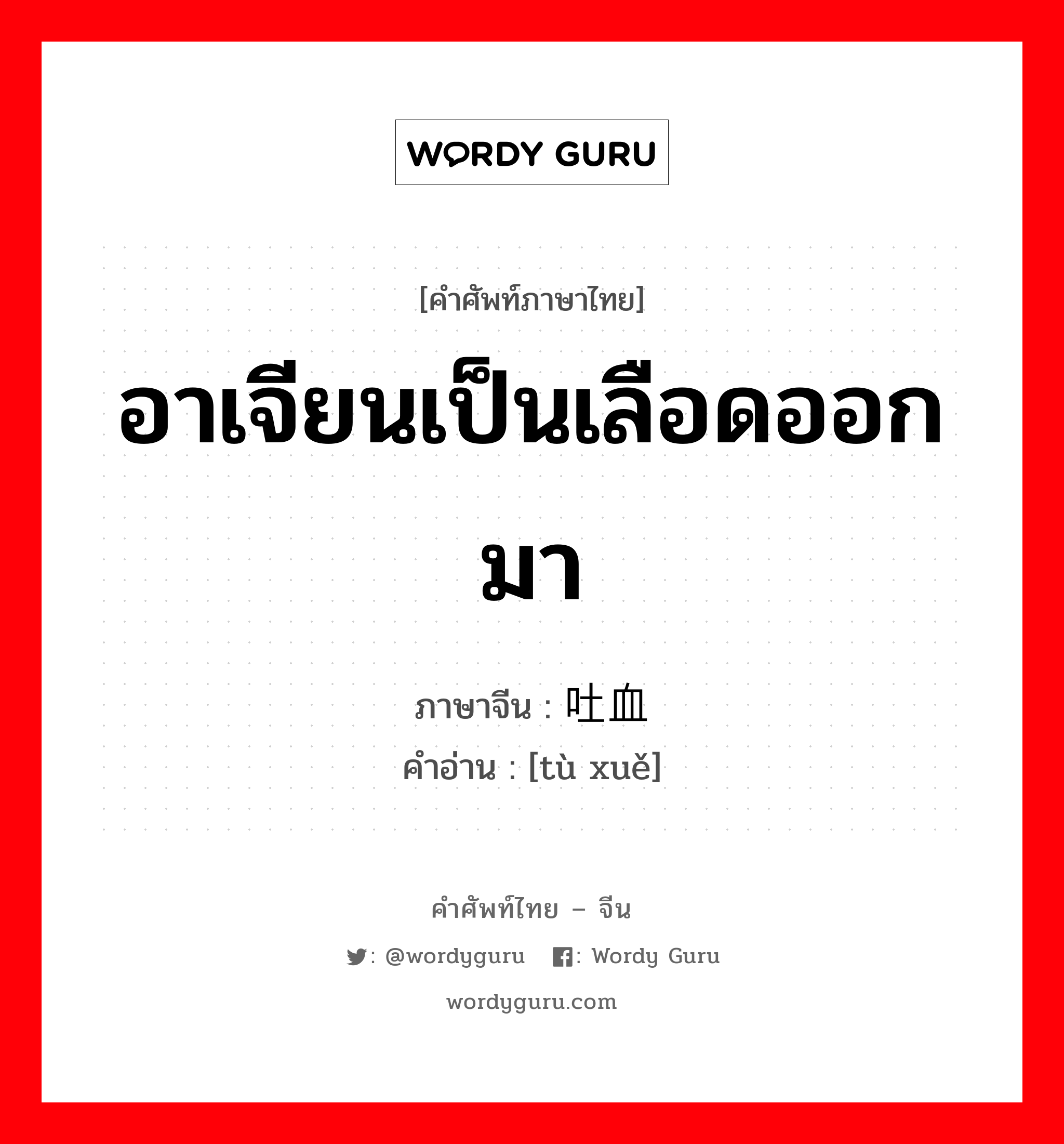 อาเจียนเป็นเลือดออกมา ภาษาจีนคืออะไร, คำศัพท์ภาษาไทย - จีน อาเจียนเป็นเลือดออกมา ภาษาจีน 吐血 คำอ่าน [tù xuě]