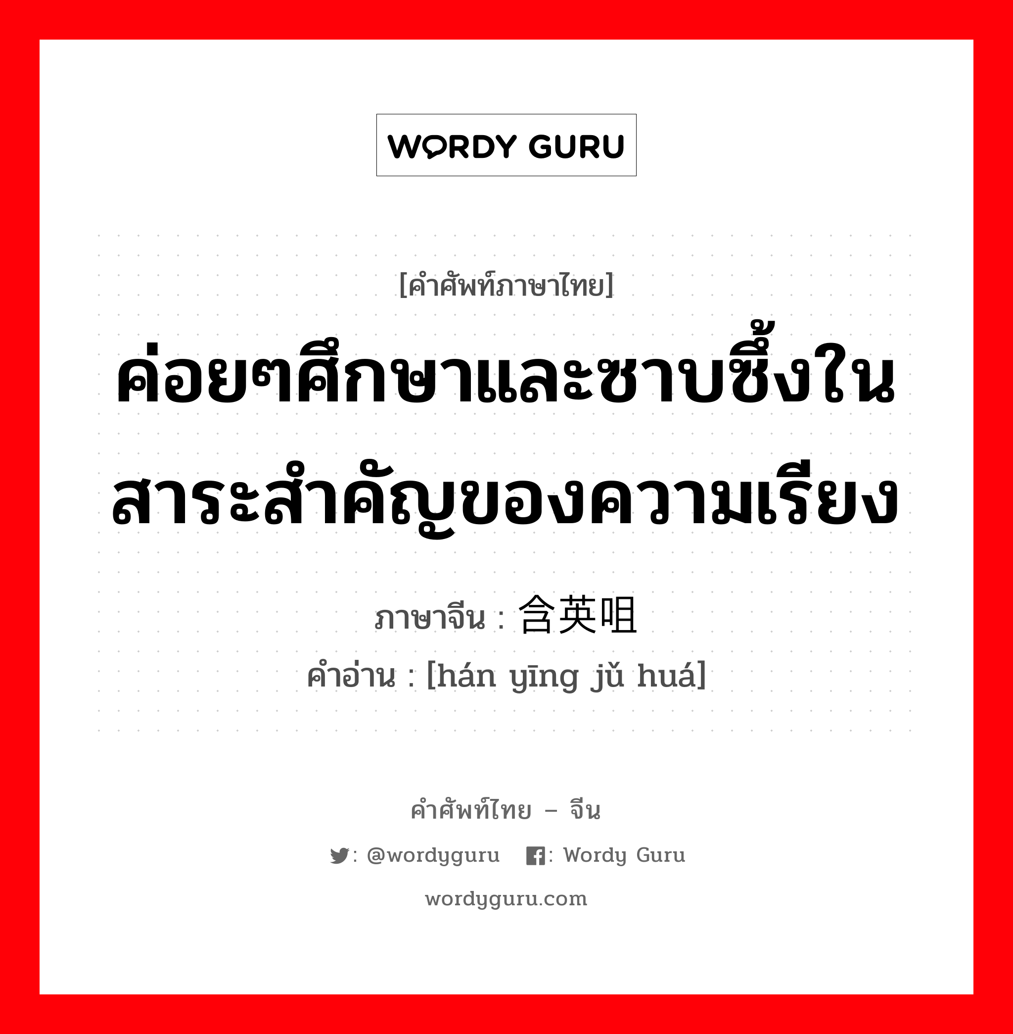 ค่อยๆศึกษาและซาบซึ้งในสาระสำคัญของความเรียง ภาษาจีนคืออะไร, คำศัพท์ภาษาไทย - จีน ค่อยๆศึกษาและซาบซึ้งในสาระสำคัญของความเรียง ภาษาจีน 含英咀华 คำอ่าน [hán yīng jǔ huá]