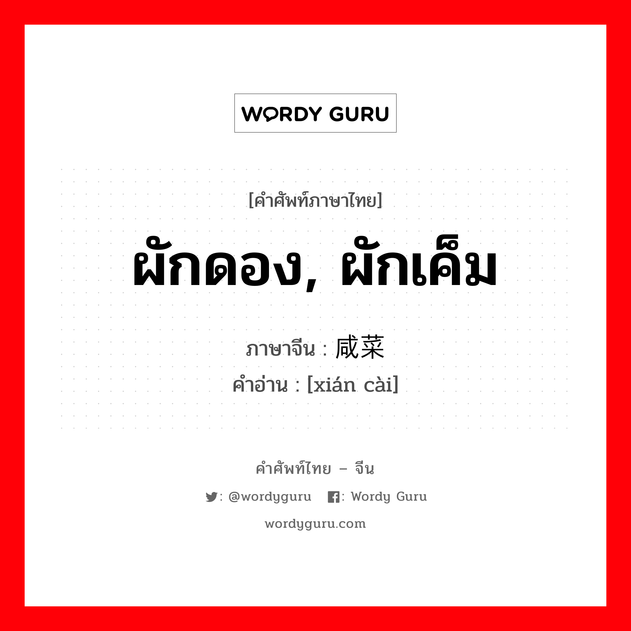 ผักดอง, ผักเค็ม ภาษาจีนคืออะไร, คำศัพท์ภาษาไทย - จีน ผักดอง, ผักเค็ม ภาษาจีน 咸菜 คำอ่าน [xián cài]