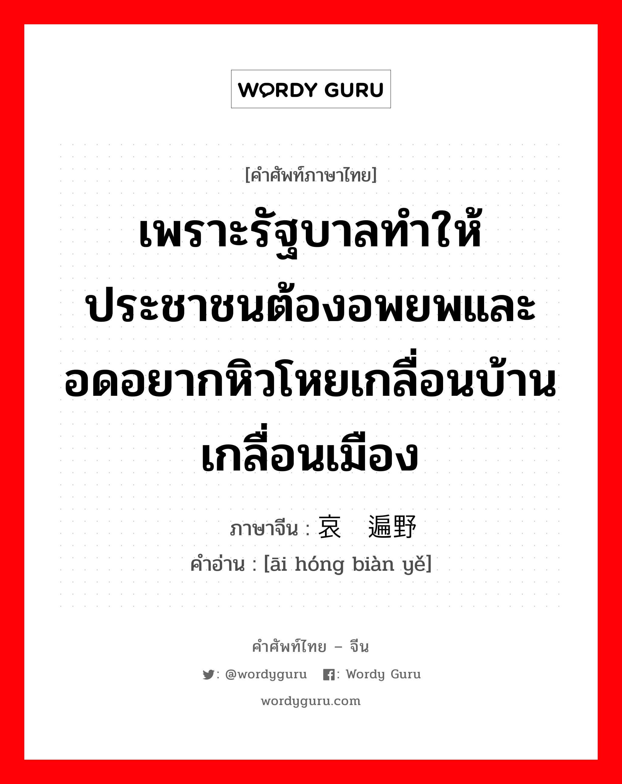 เพราะรัฐบาลทำให้ประชาชนต้องอพยพและอดอยากหิวโหยเกลื่อนบ้านเกลื่อนเมือง ภาษาจีนคืออะไร, คำศัพท์ภาษาไทย - จีน เพราะรัฐบาลทำให้ประชาชนต้องอพยพและอดอยากหิวโหยเกลื่อนบ้านเกลื่อนเมือง ภาษาจีน 哀鸿遍野 คำอ่าน [āi hóng biàn yě]