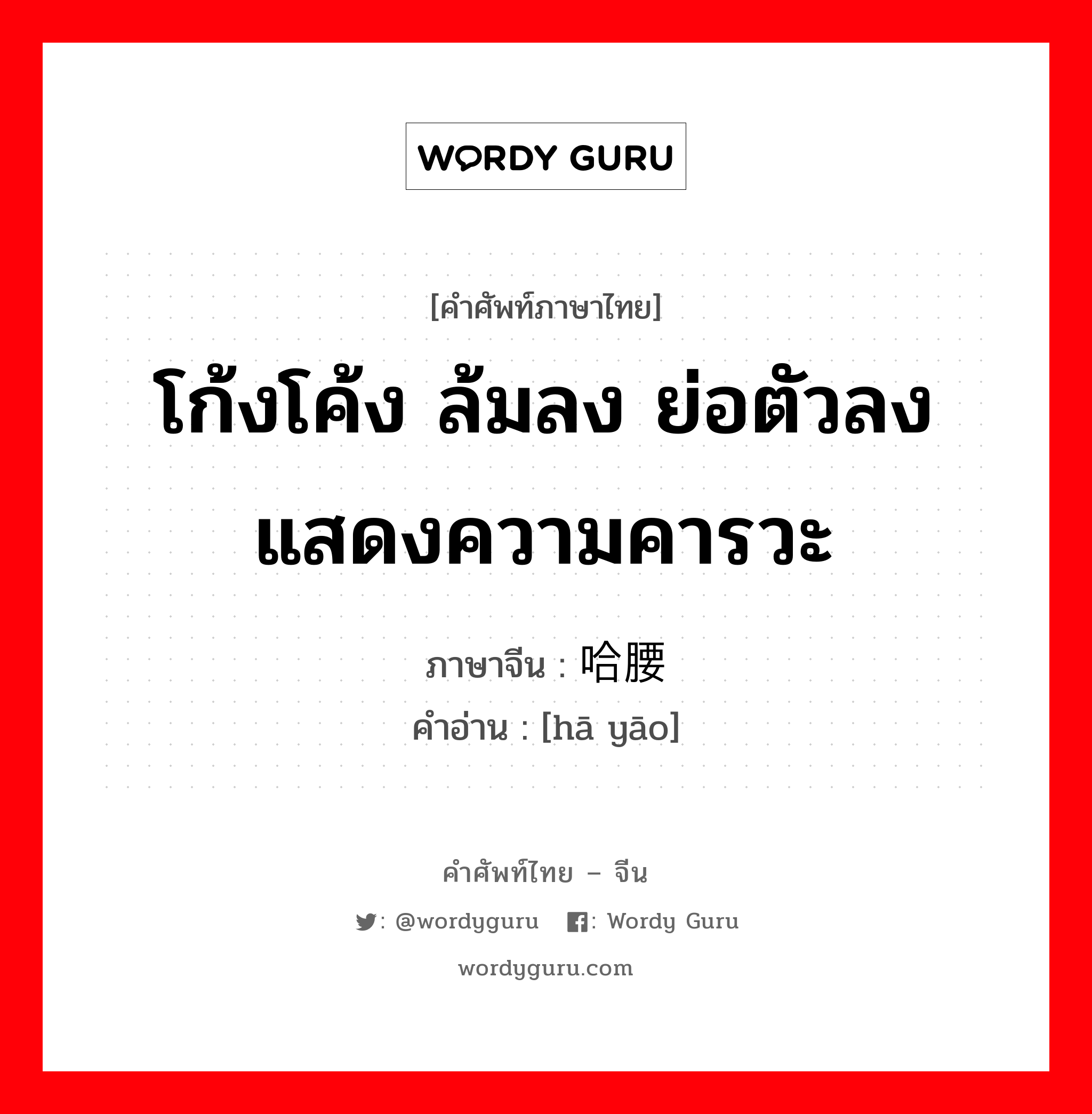 โก้งโค้ง ล้มลง ย่อตัวลงแสดงความคารวะ ภาษาจีนคืออะไร, คำศัพท์ภาษาไทย - จีน โก้งโค้ง ล้มลง ย่อตัวลงแสดงความคารวะ ภาษาจีน 哈腰 คำอ่าน [hā yāo]