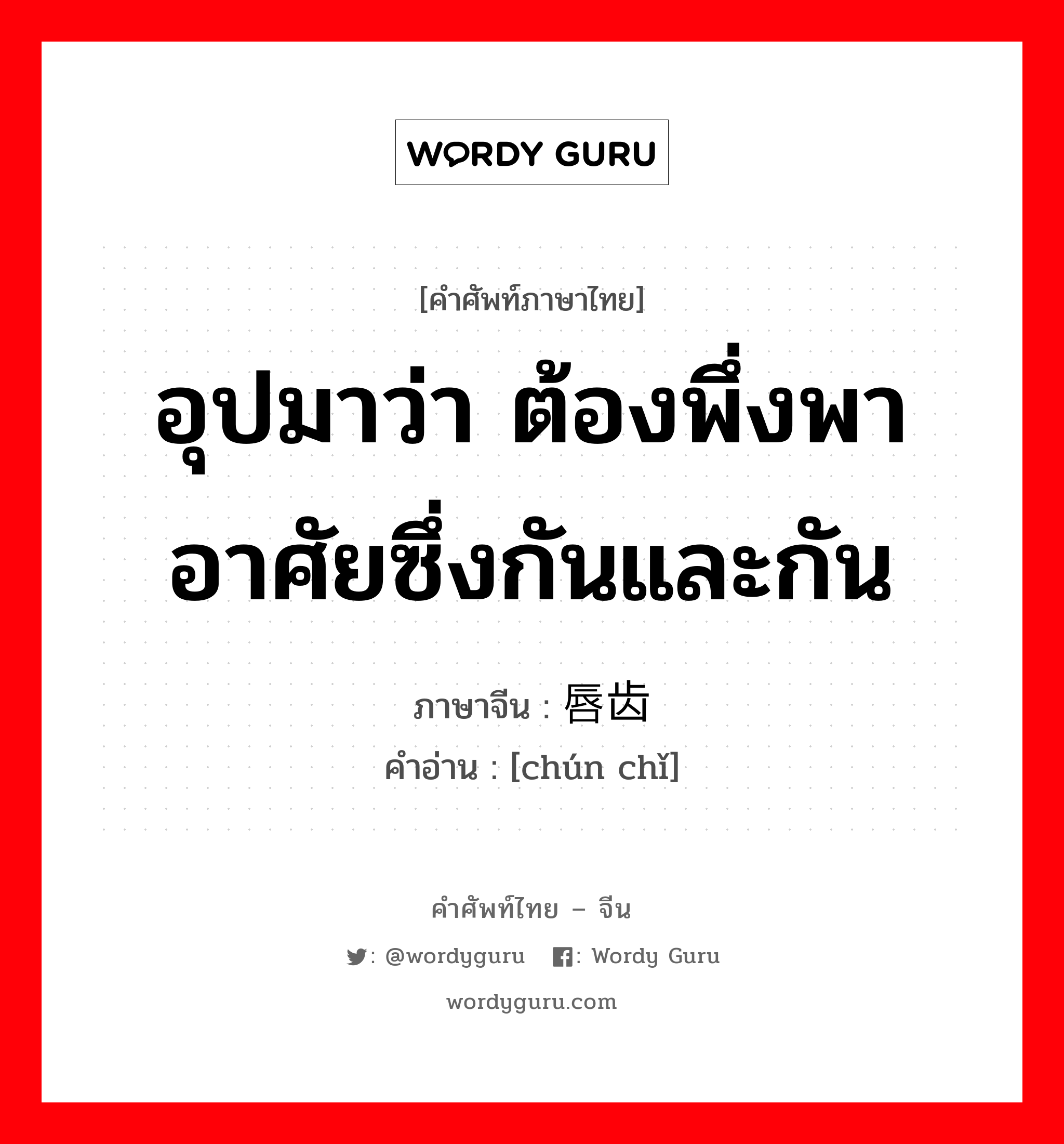 อุปมาว่า ต้องพึ่งพาอาศัยซึ่งกันและกัน ภาษาจีนคืออะไร, คำศัพท์ภาษาไทย - จีน อุปมาว่า ต้องพึ่งพาอาศัยซึ่งกันและกัน ภาษาจีน 唇齿 คำอ่าน [chún chǐ]