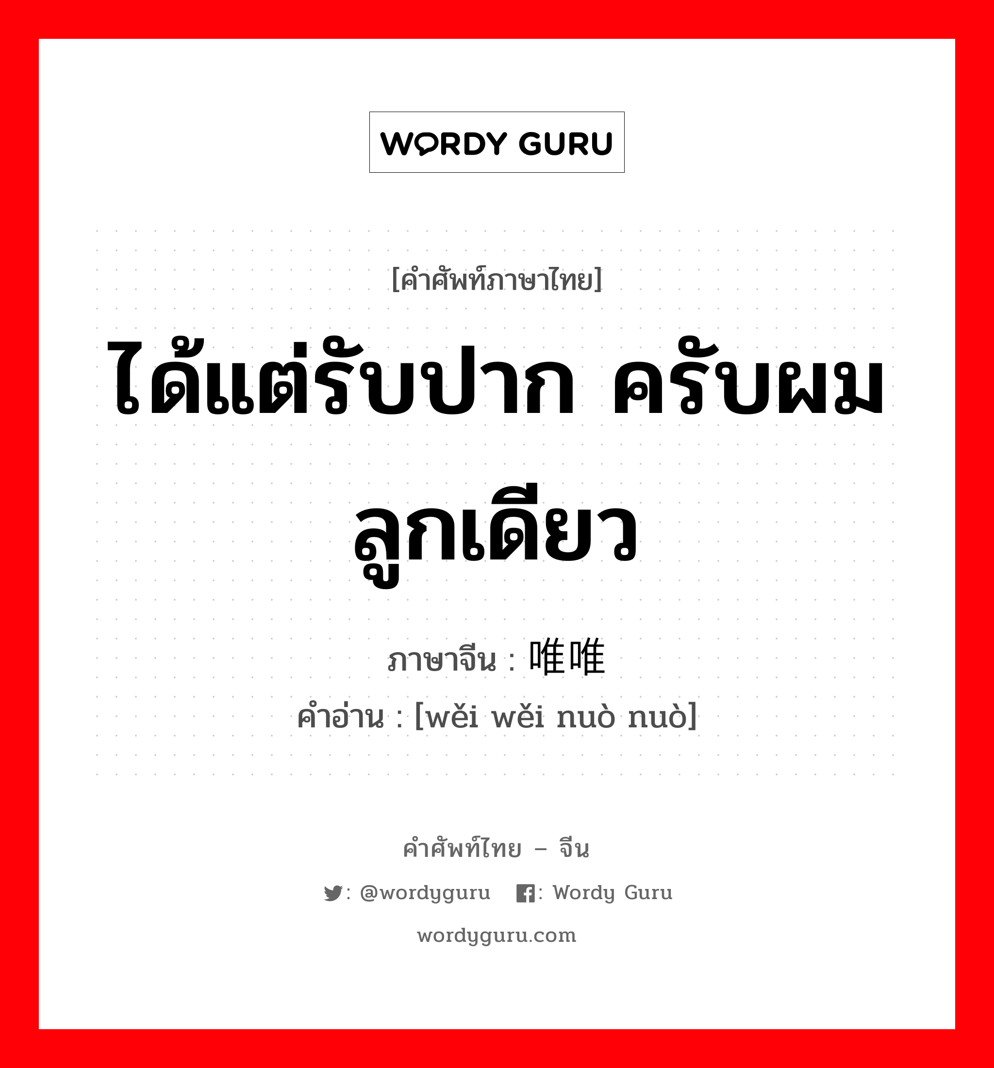 ได้แต่รับปาก ครับผมลูกเดียว ภาษาจีนคืออะไร, คำศัพท์ภาษาไทย - จีน ได้แต่รับปาก ครับผมลูกเดียว ภาษาจีน 唯唯诺诺 คำอ่าน [wěi wěi nuò nuò]