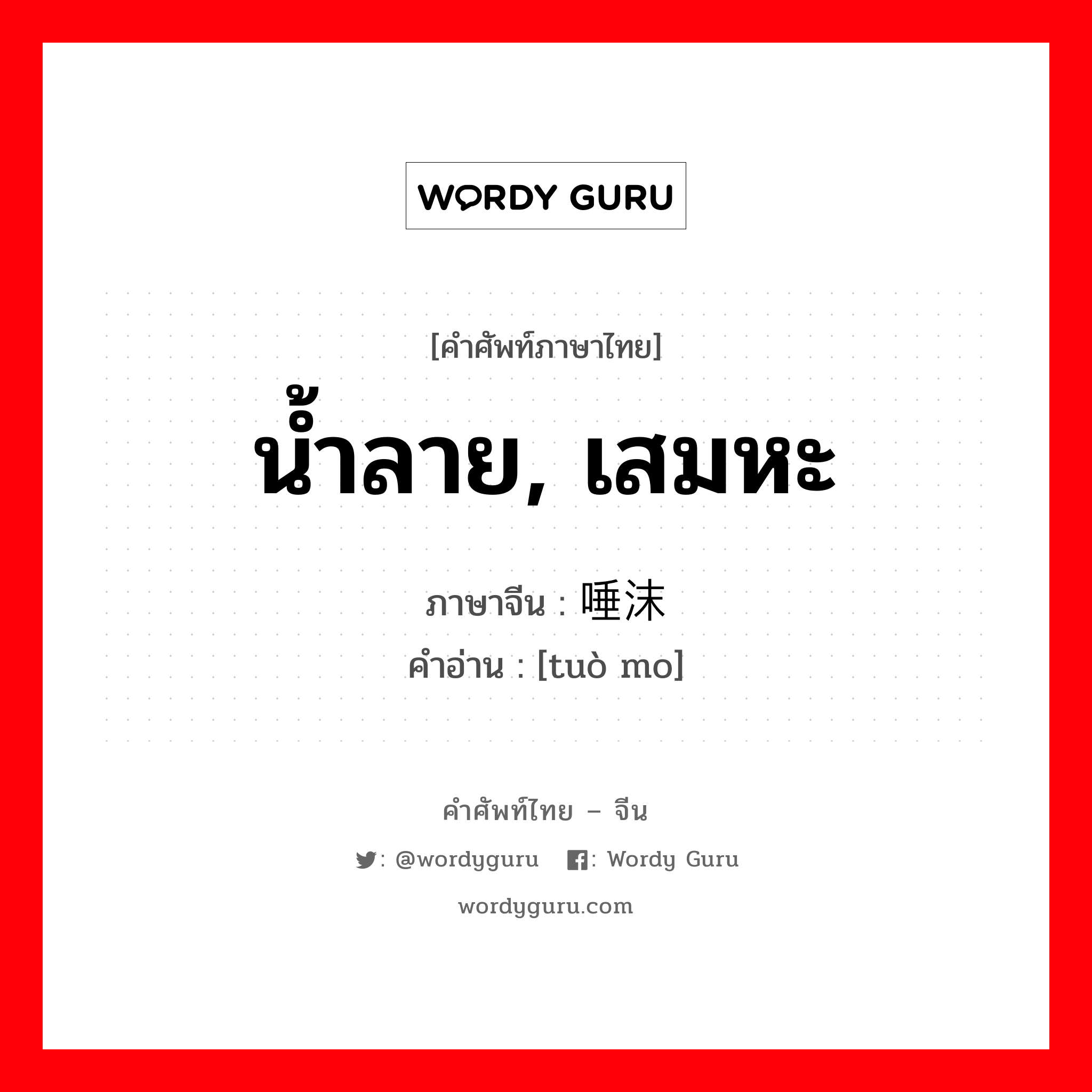 น้ำลาย, เสมหะ ภาษาจีนคืออะไร, คำศัพท์ภาษาไทย - จีน น้ำลาย, เสมหะ ภาษาจีน 唾沫 คำอ่าน [tuò mo]