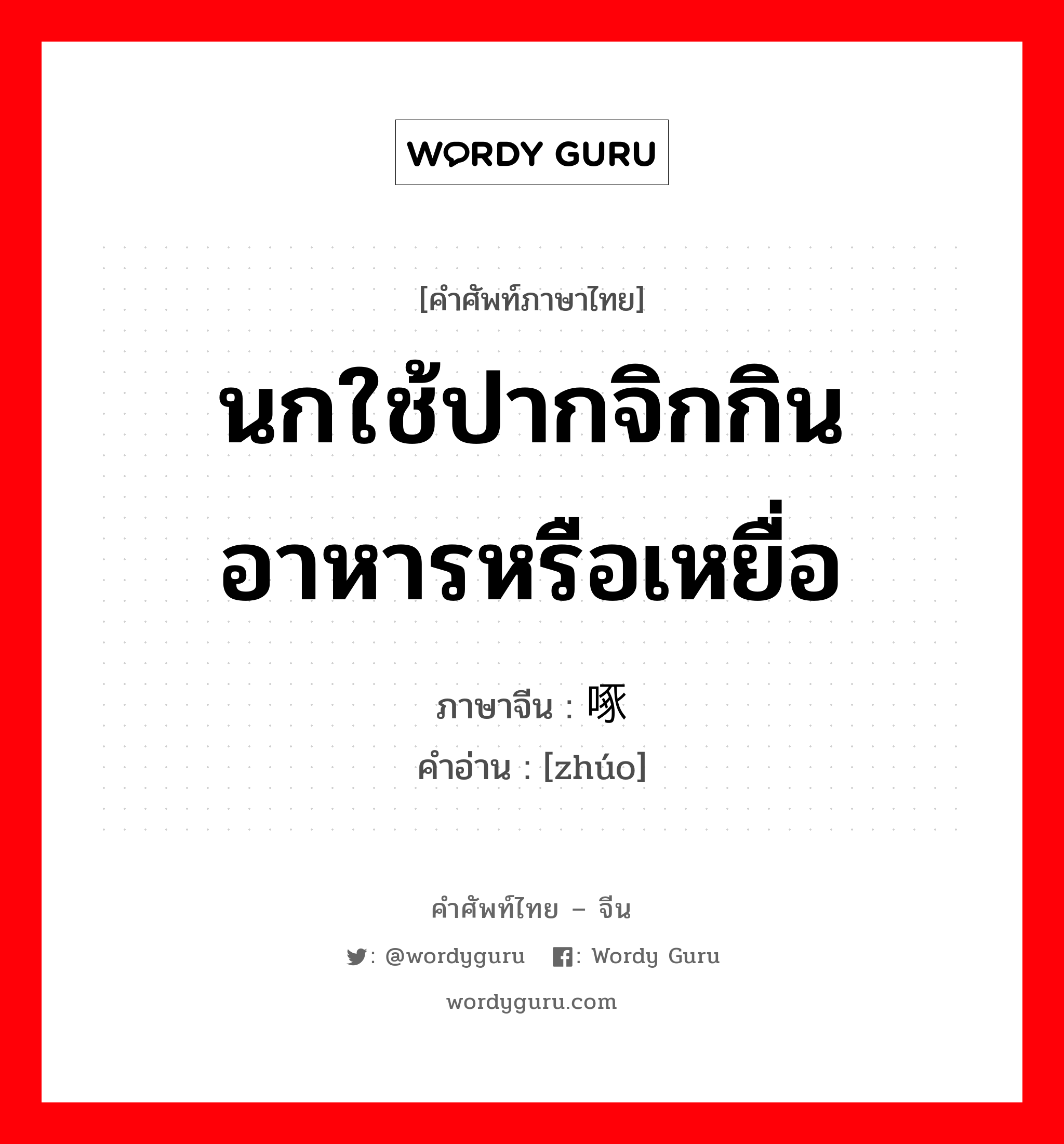 นกใช้ปากจิกกินอาหารหรือเหยื่อ ภาษาจีนคืออะไร, คำศัพท์ภาษาไทย - จีน นกใช้ปากจิกกินอาหารหรือเหยื่อ ภาษาจีน 啄 คำอ่าน [zhúo]