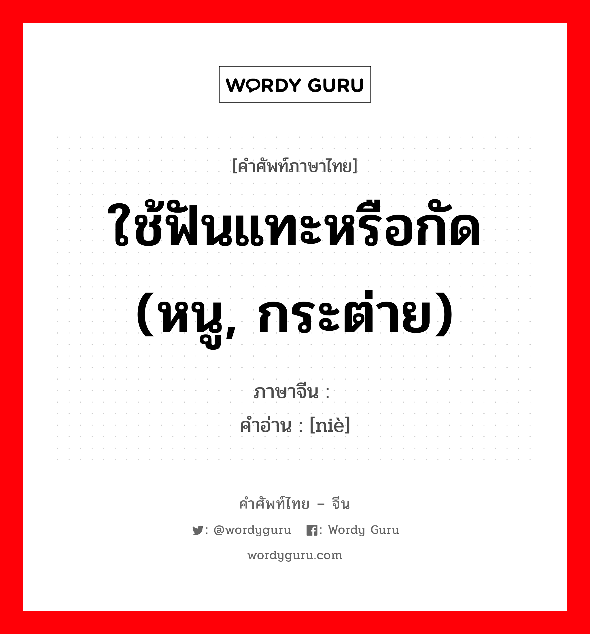 ใช้ฟันแทะหรือกัด (หนู, กระต่าย) ภาษาจีนคืออะไร, คำศัพท์ภาษาไทย - จีน ใช้ฟันแทะหรือกัด (หนู, กระต่าย) ภาษาจีน 啮 คำอ่าน [niè]