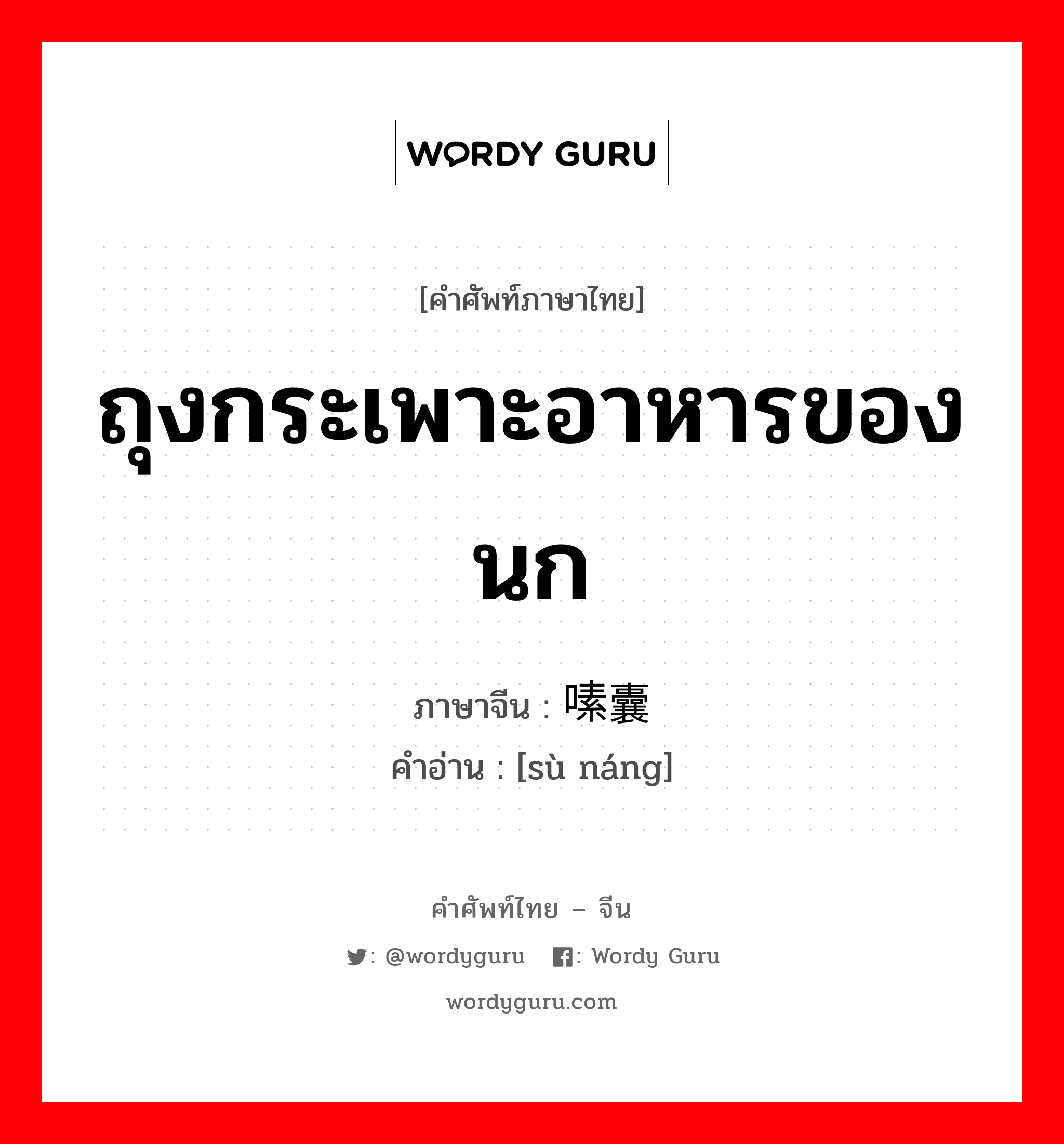 ถุงกระเพาะอาหารของนก ภาษาจีนคืออะไร, คำศัพท์ภาษาไทย - จีน ถุงกระเพาะอาหารของนก ภาษาจีน 嗉囊 คำอ่าน [sù náng]