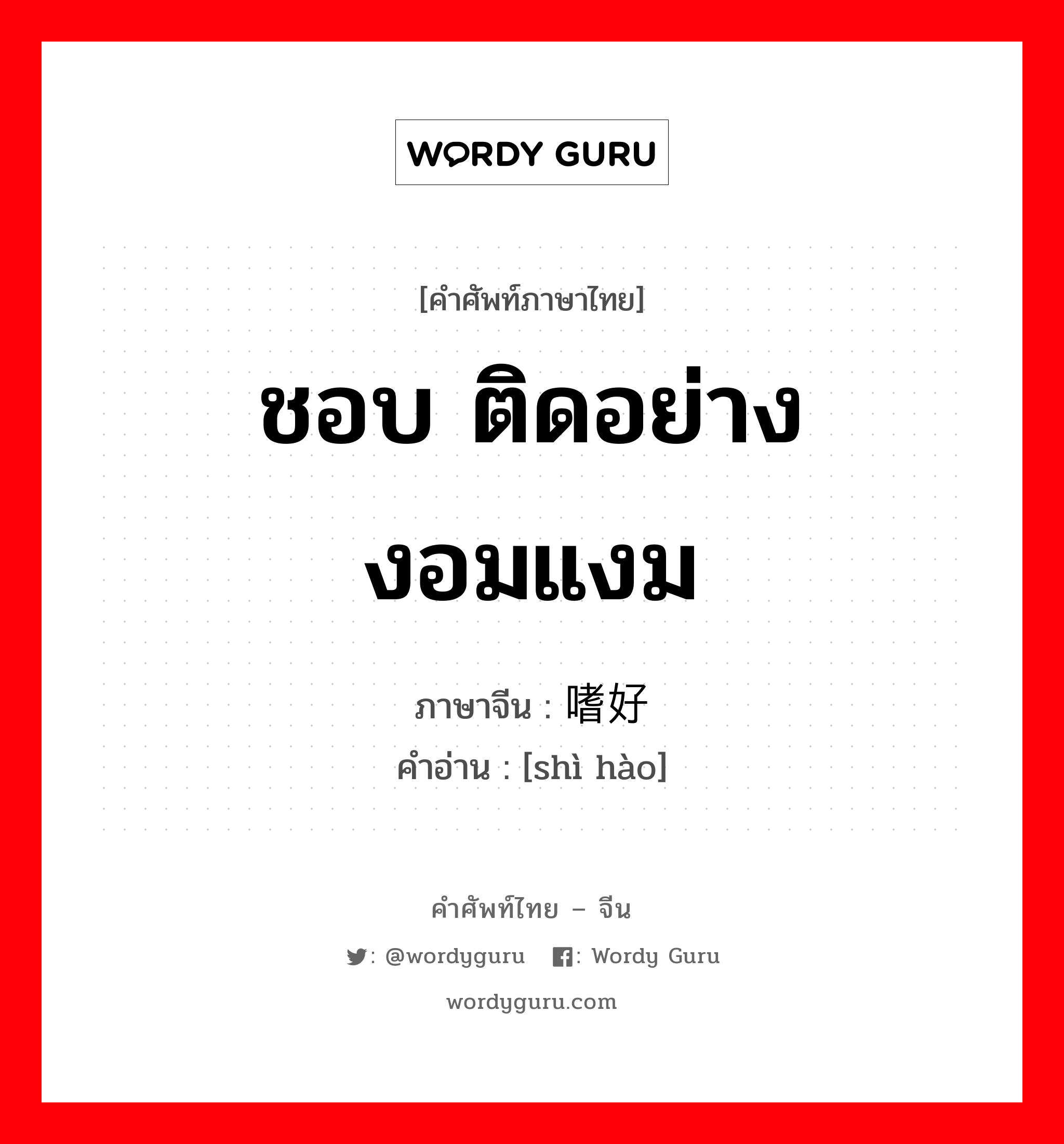 ชอบ ติดอย่างงอมแงม ภาษาจีนคืออะไร, คำศัพท์ภาษาไทย - จีน ชอบ ติดอย่างงอมแงม ภาษาจีน 嗜好 คำอ่าน [shì hào]