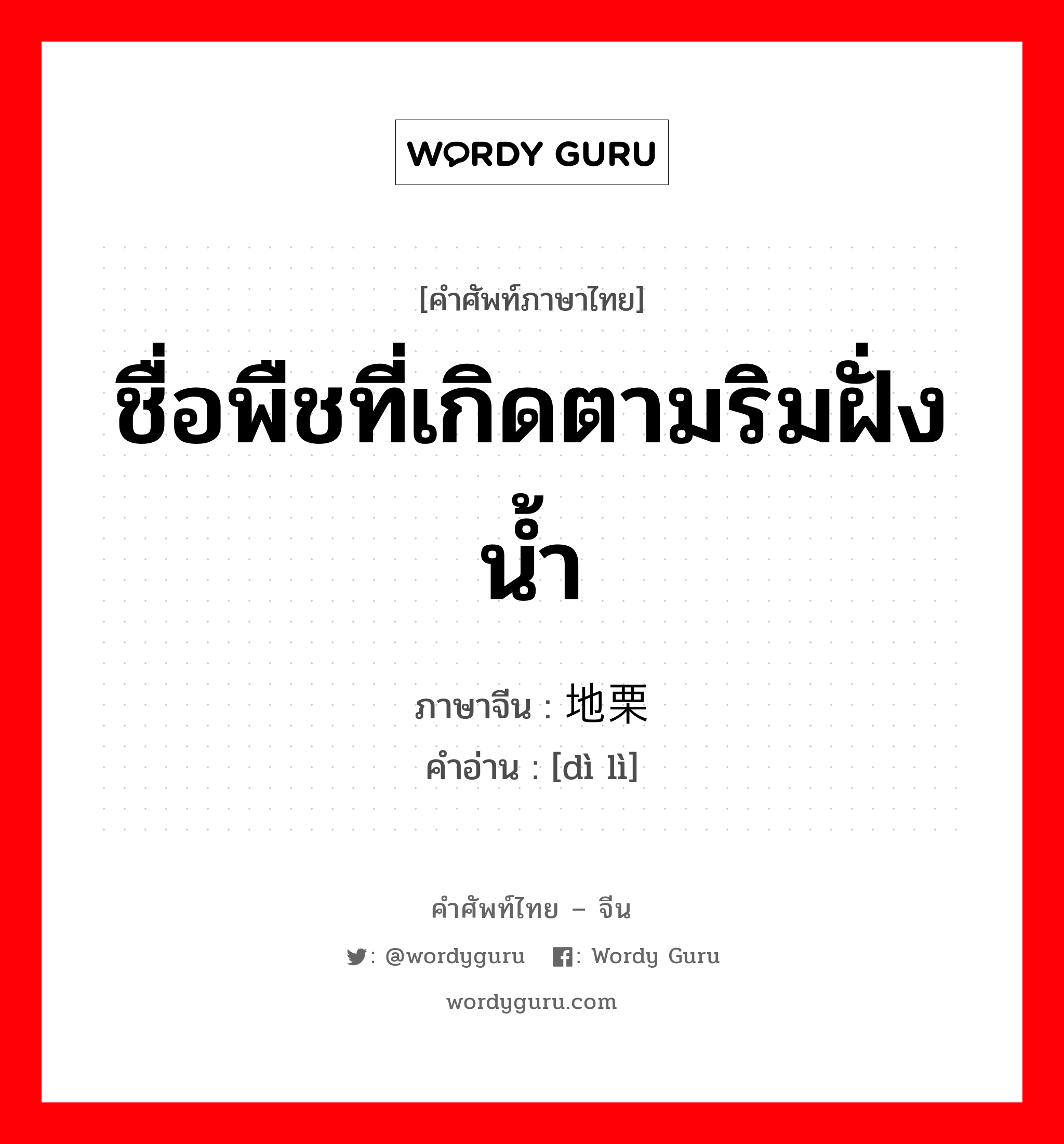 ชื่อพืชที่เกิดตามริมฝั่งน้ำ ภาษาจีนคืออะไร, คำศัพท์ภาษาไทย - จีน ชื่อพืชที่เกิดตามริมฝั่งน้ำ ภาษาจีน 地栗 คำอ่าน [dì lì]