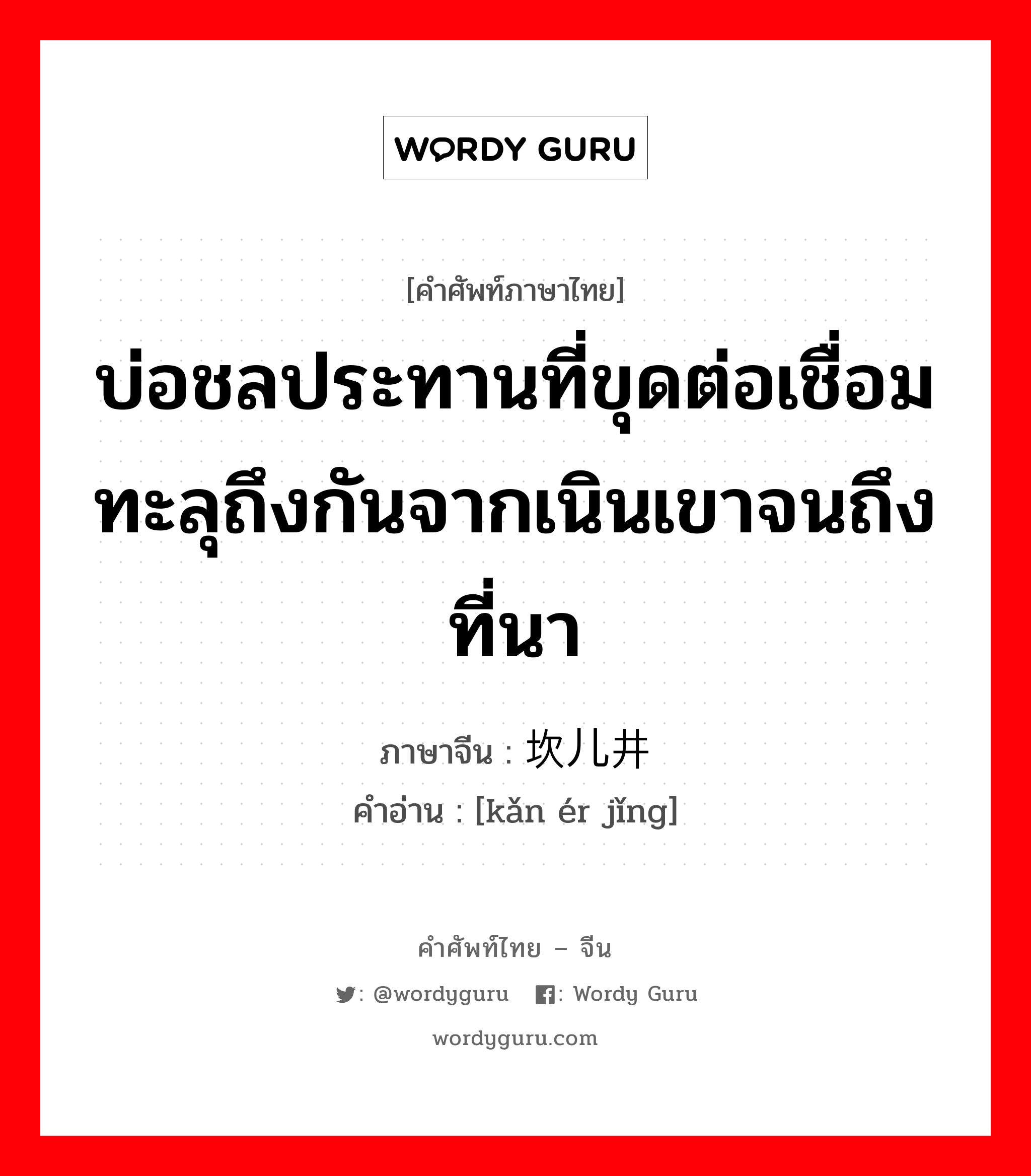 บ่อชลประทานที่ขุดต่อเชื่อมทะลุถึงกันจากเนินเขาจนถึงที่นา ภาษาจีนคืออะไร, คำศัพท์ภาษาไทย - จีน บ่อชลประทานที่ขุดต่อเชื่อมทะลุถึงกันจากเนินเขาจนถึงที่นา ภาษาจีน 坎儿井 คำอ่าน [kǎn ér jǐng]