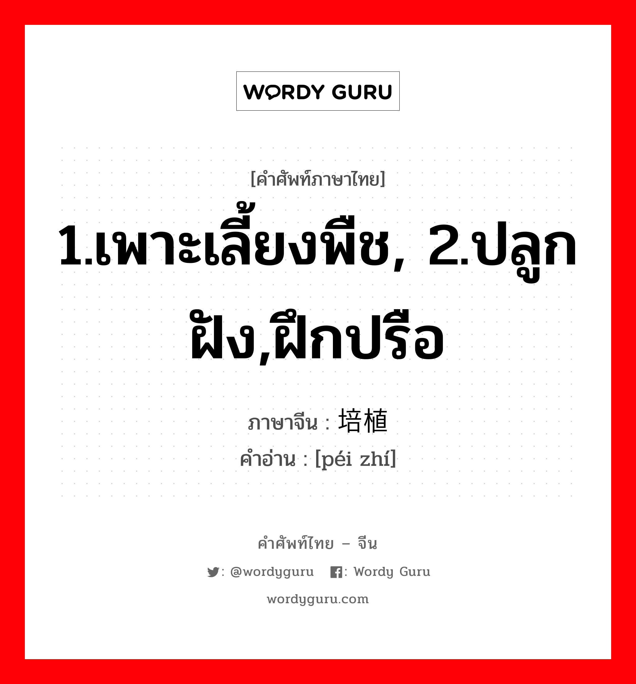 1.เพาะเลี้ยงพืช, 2.ปลูกฝัง,ฝึกปรือ ภาษาจีนคืออะไร, คำศัพท์ภาษาไทย - จีน 1.เพาะเลี้ยงพืช, 2.ปลูกฝัง,ฝึกปรือ ภาษาจีน 培植 คำอ่าน [péi zhí]