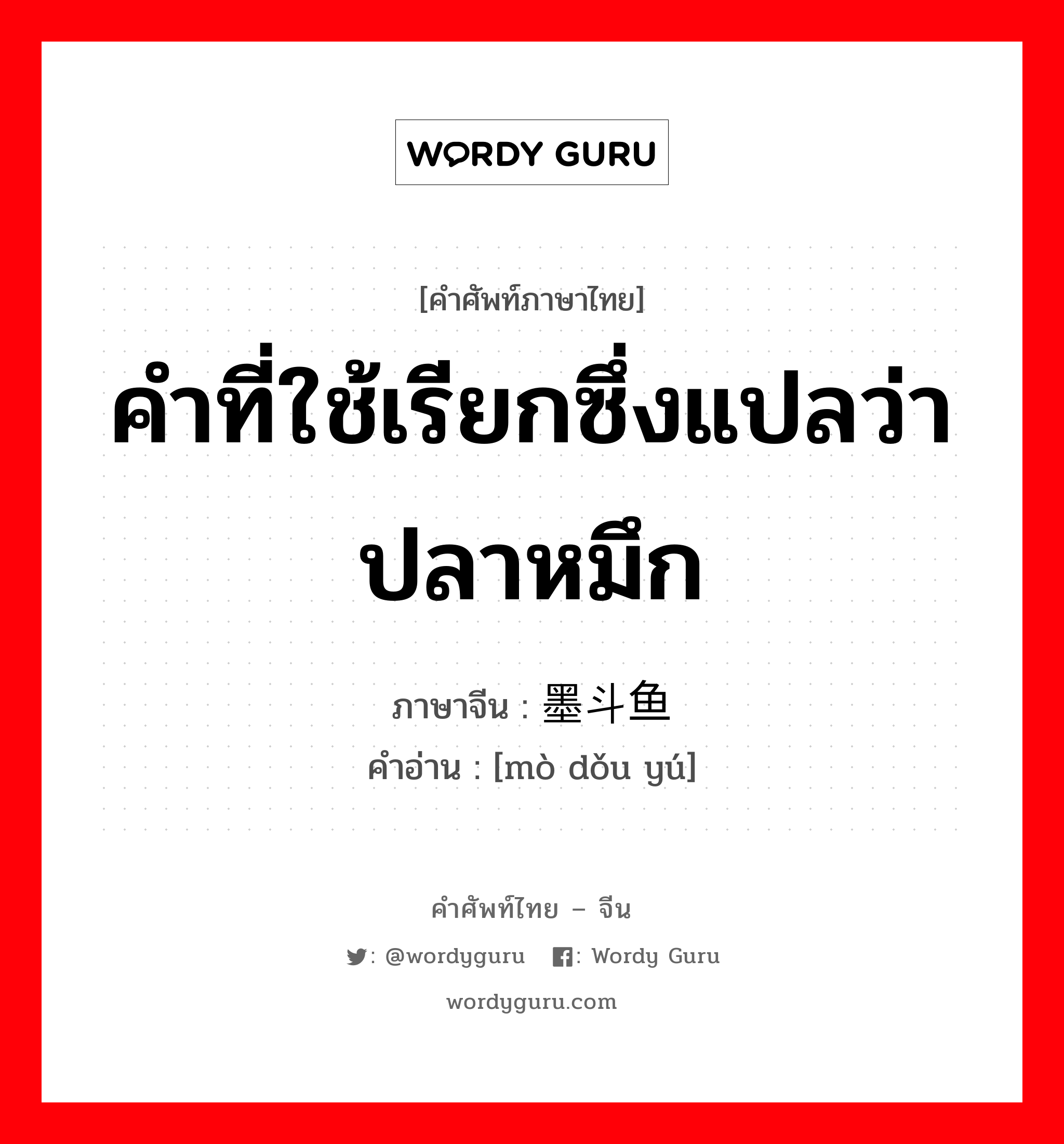 คำที่ใช้เรียกซึ่งแปลว่าปลาหมึก ภาษาจีนคืออะไร, คำศัพท์ภาษาไทย - จีน คำที่ใช้เรียกซึ่งแปลว่าปลาหมึก ภาษาจีน 墨斗鱼 คำอ่าน [mò dǒu yú]