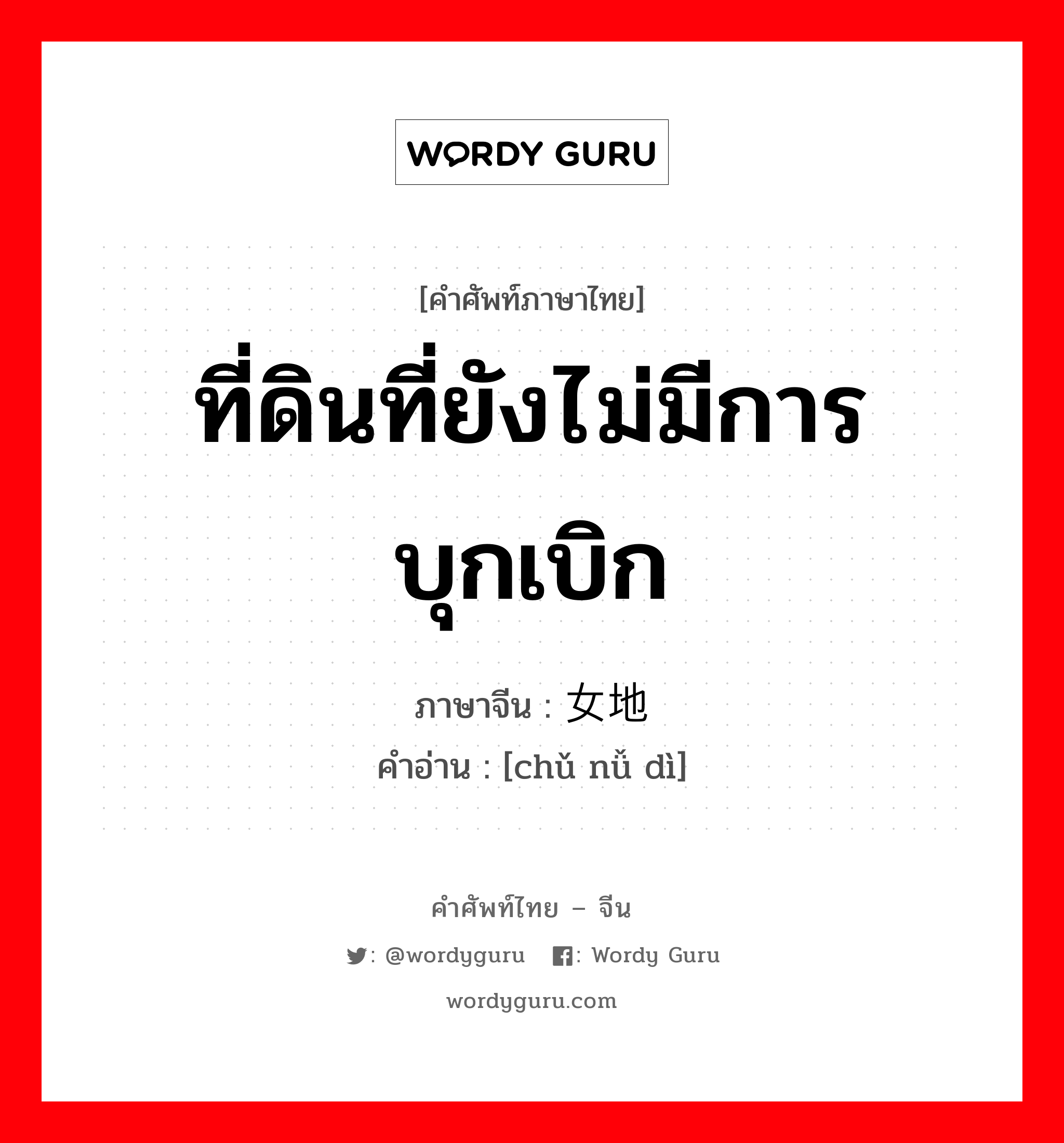 ที่ดินที่ยังไม่มีการบุกเบิก ภาษาจีนคืออะไร, คำศัพท์ภาษาไทย - จีน ที่ดินที่ยังไม่มีการบุกเบิก ภาษาจีน 处女地 คำอ่าน [chǔ nǚ dì]