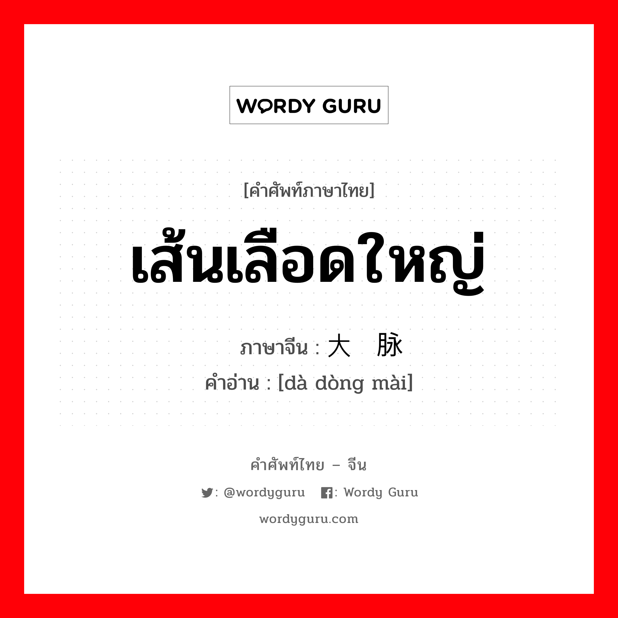 เส้นเลือดใหญ่ ภาษาจีนคืออะไร, คำศัพท์ภาษาไทย - จีน เส้นเลือดใหญ่ ภาษาจีน 大动脉 คำอ่าน [dà dòng mài]