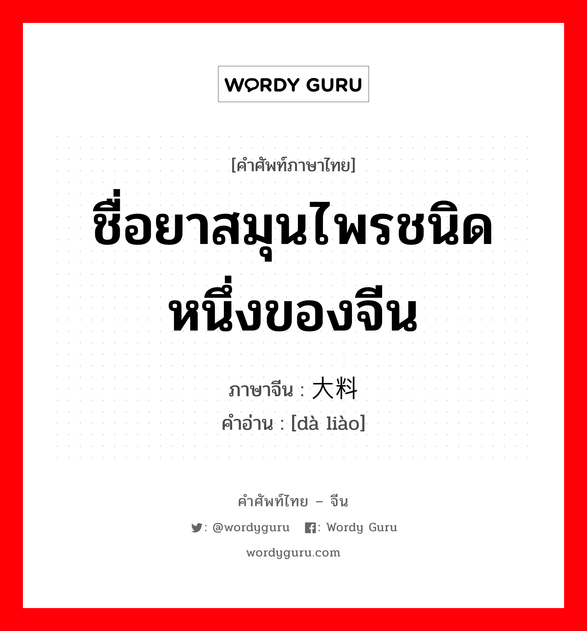 ชื่อยาสมุนไพรชนิดหนึ่งของจีน ภาษาจีนคืออะไร, คำศัพท์ภาษาไทย - จีน ชื่อยาสมุนไพรชนิดหนึ่งของจีน ภาษาจีน 大料 คำอ่าน [dà liào]