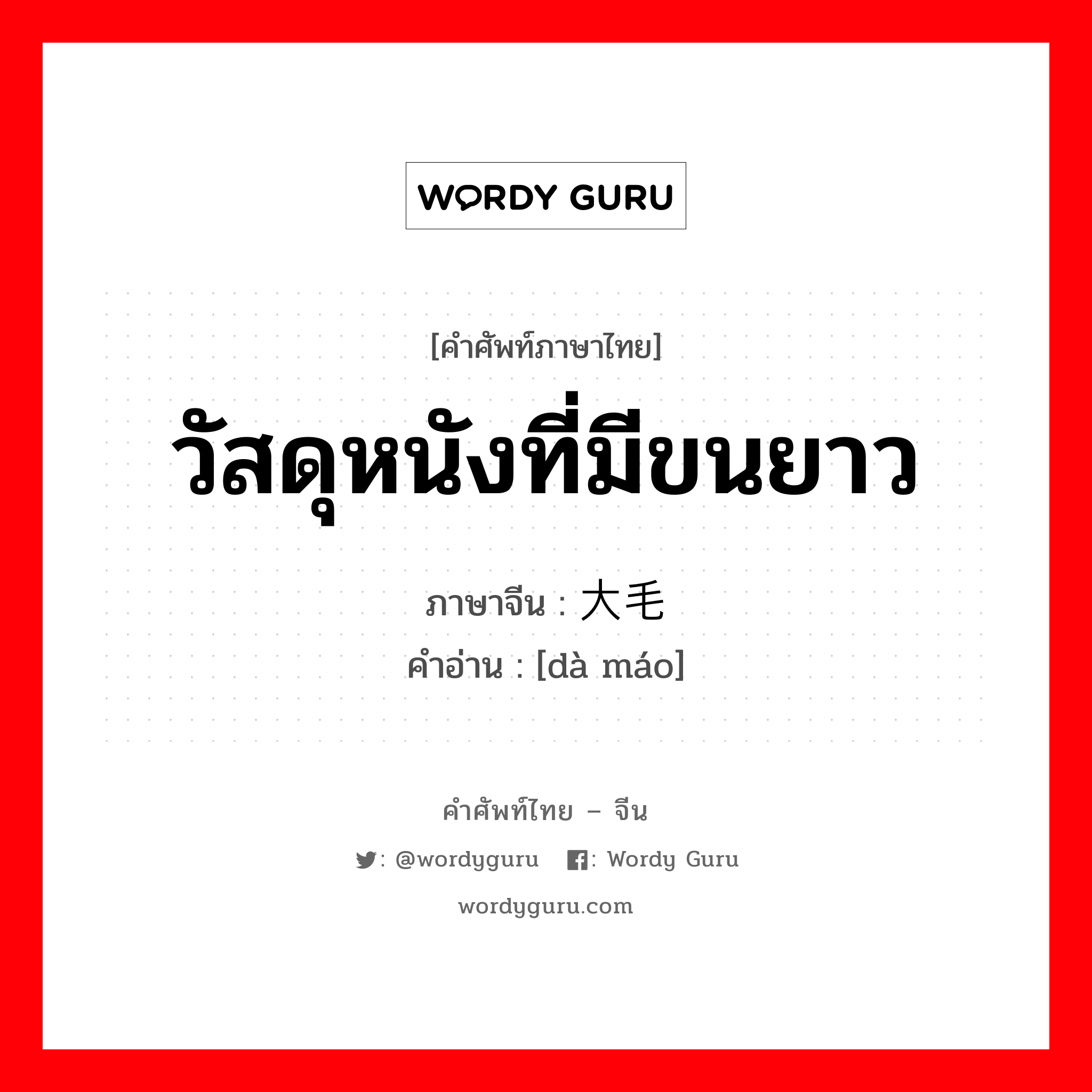 วัสดุหนังที่มีขนยาว ภาษาจีนคืออะไร, คำศัพท์ภาษาไทย - จีน วัสดุหนังที่มีขนยาว ภาษาจีน 大毛 คำอ่าน [dà máo]