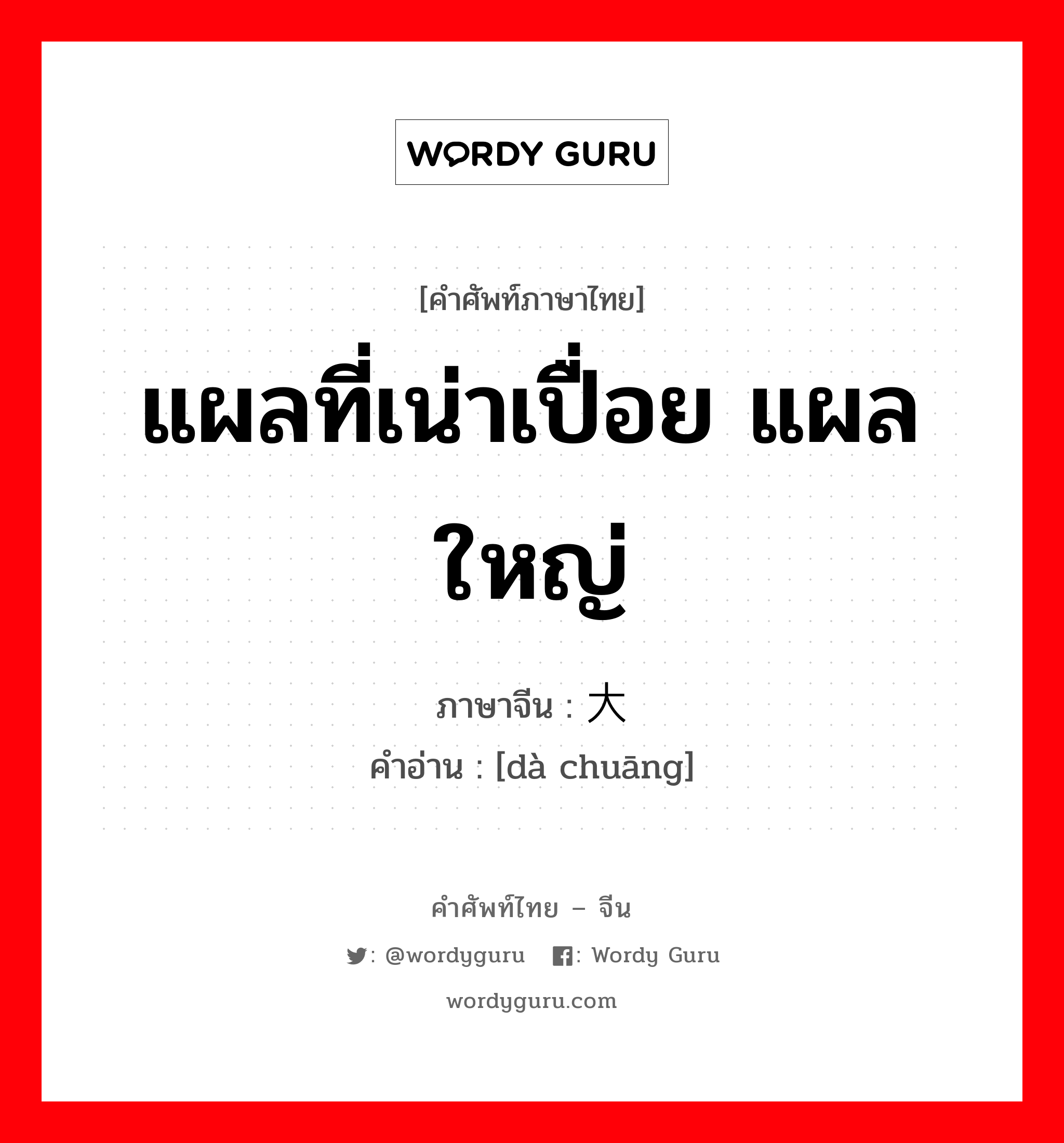 แผลที่เน่าเปื่อย แผลใหญ่ ภาษาจีนคืออะไร, คำศัพท์ภาษาไทย - จีน แผลที่เน่าเปื่อย แผลใหญ่ ภาษาจีน 大疮 คำอ่าน [dà chuāng]