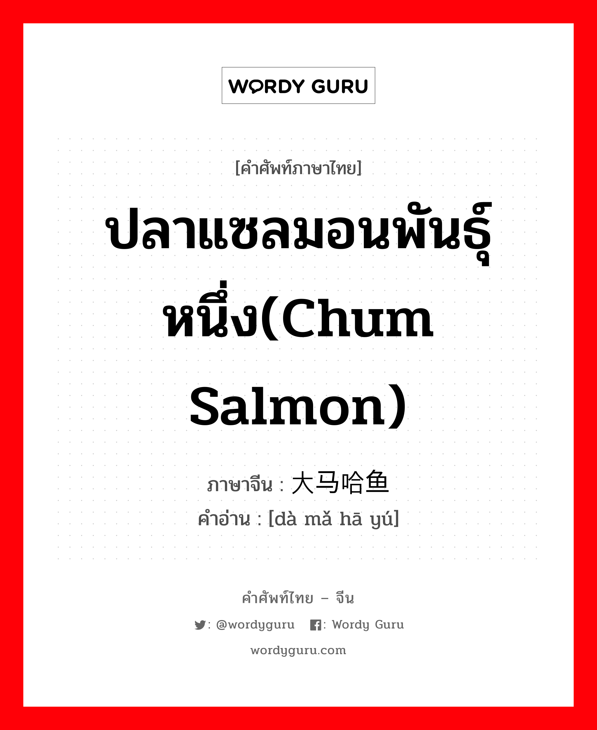 ปลาแซลมอนพันธุ์หนึ่ง(chum salmon) ภาษาจีนคืออะไร, คำศัพท์ภาษาไทย - จีน ปลาแซลมอนพันธุ์หนึ่ง(chum salmon) ภาษาจีน 大马哈鱼 คำอ่าน [dà mǎ hā yú]