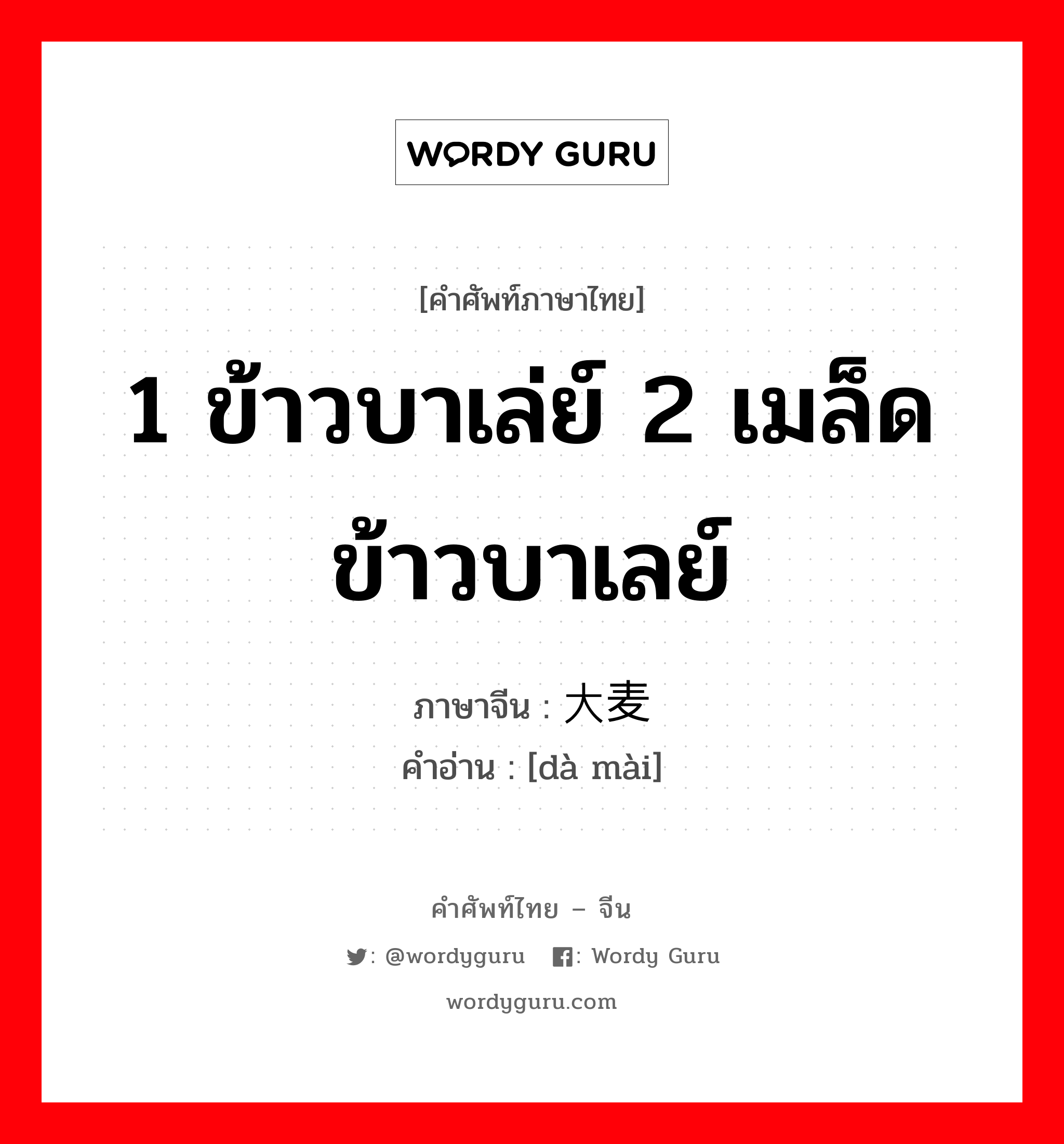 1 ข้าวบาเล่ย์ 2 เมล็ดข้าวบาเลย์ ภาษาจีนคืออะไร, คำศัพท์ภาษาไทย - จีน 1 ข้าวบาเล่ย์ 2 เมล็ดข้าวบาเลย์ ภาษาจีน 大麦 คำอ่าน [dà mài]