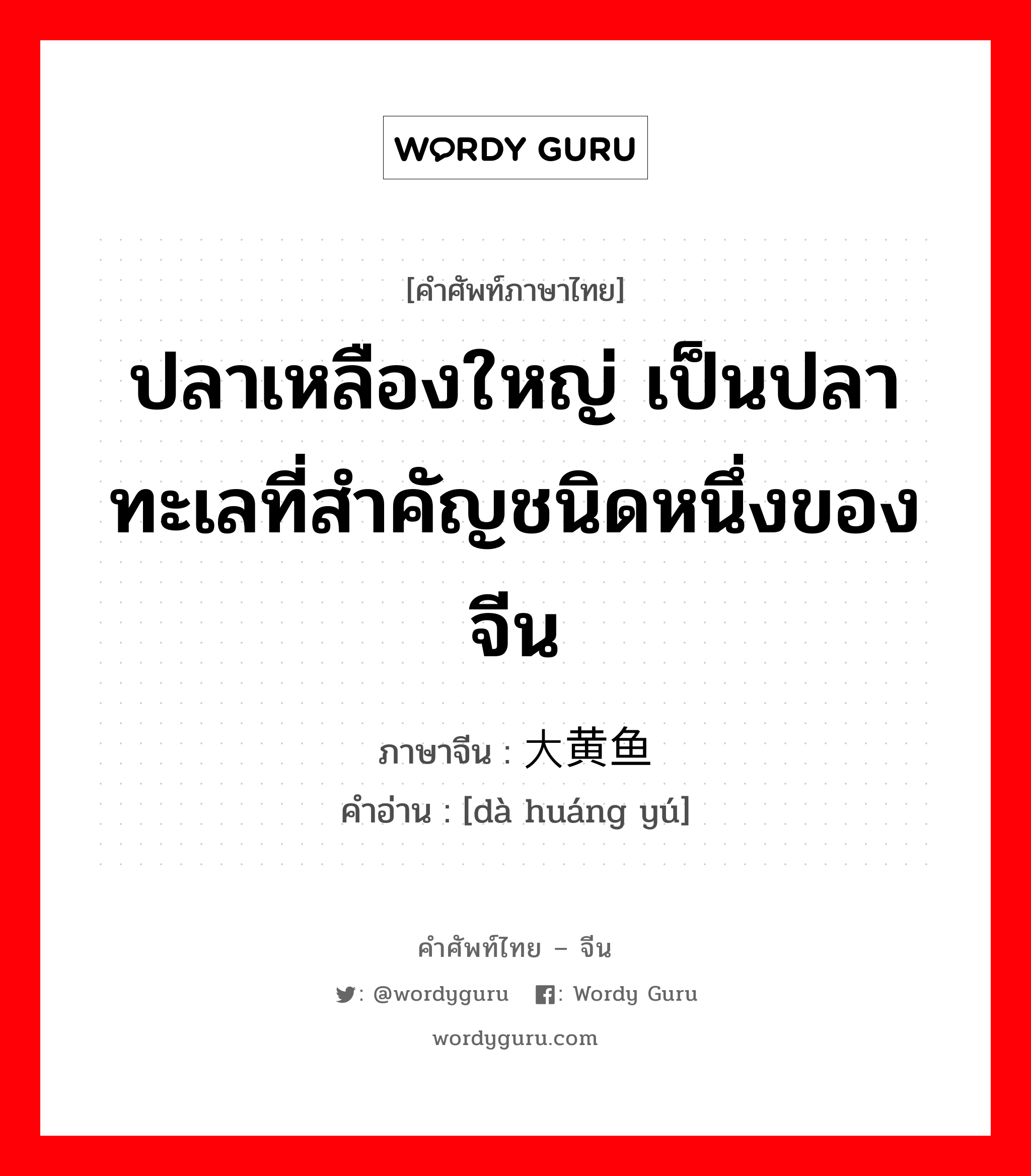 ปลาเหลืองใหญ่ เป็นปลาทะเลที่สำคัญชนิดหนึ่งของจีน ภาษาจีนคืออะไร, คำศัพท์ภาษาไทย - จีน ปลาเหลืองใหญ่ เป็นปลาทะเลที่สำคัญชนิดหนึ่งของจีน ภาษาจีน 大黄鱼 คำอ่าน [dà huáng yú]