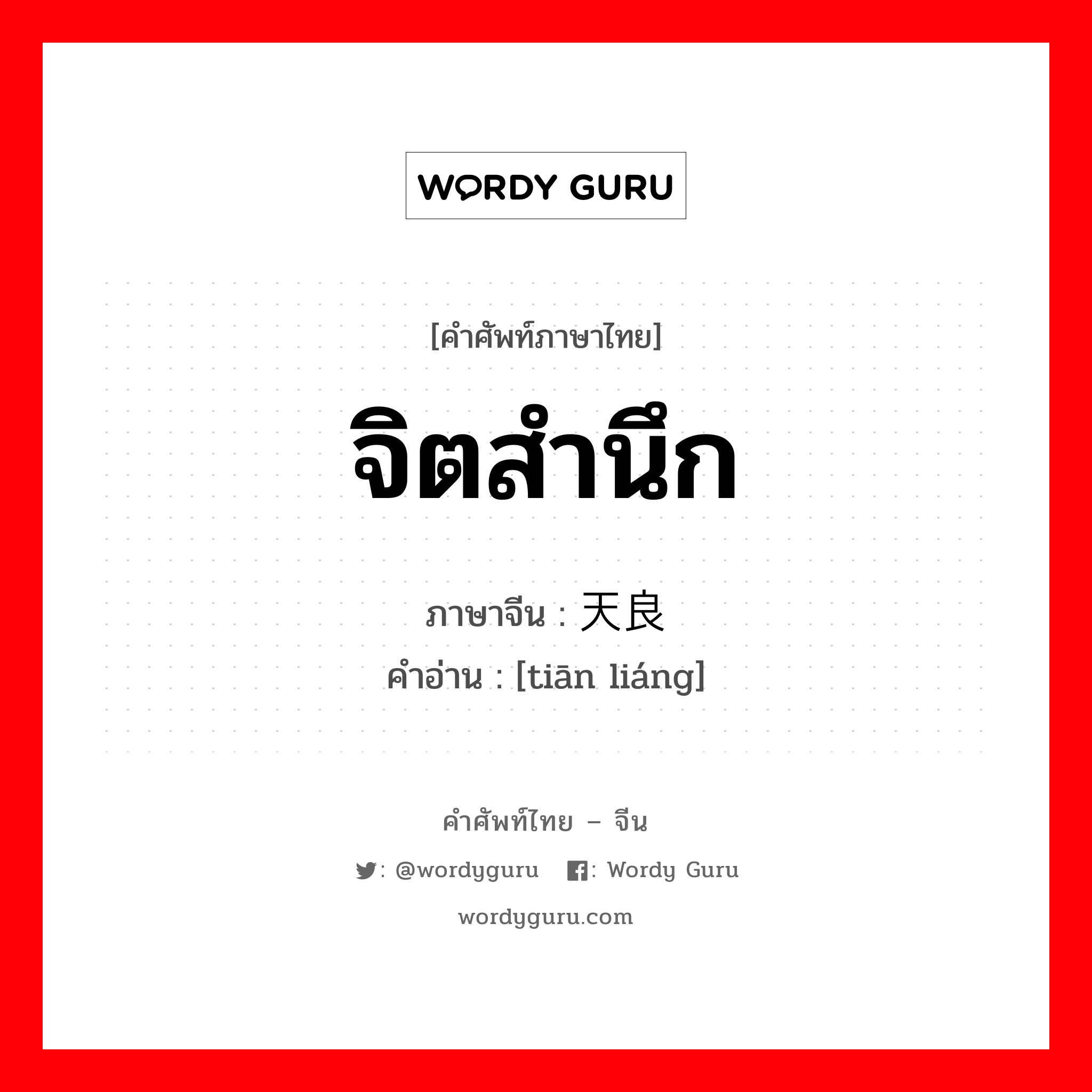 จิตสำนึก ภาษาจีนคืออะไร, คำศัพท์ภาษาไทย - จีน จิตสำนึก ภาษาจีน 天良 คำอ่าน [tiān liáng]