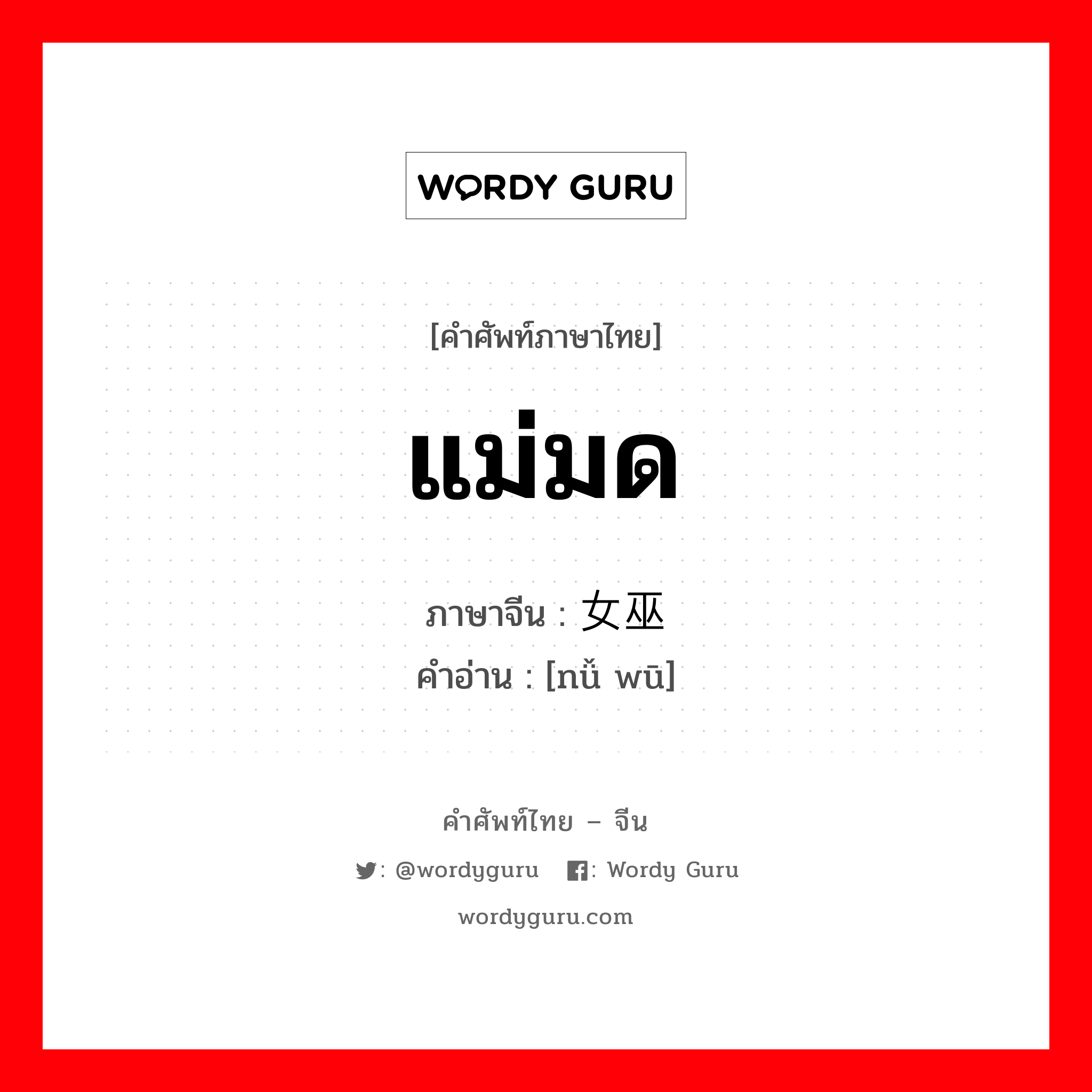 แม่มด ภาษาจีนคืออะไร, คำศัพท์ภาษาไทย - จีน แม่มด ภาษาจีน 女巫 คำอ่าน [nǚ wū]