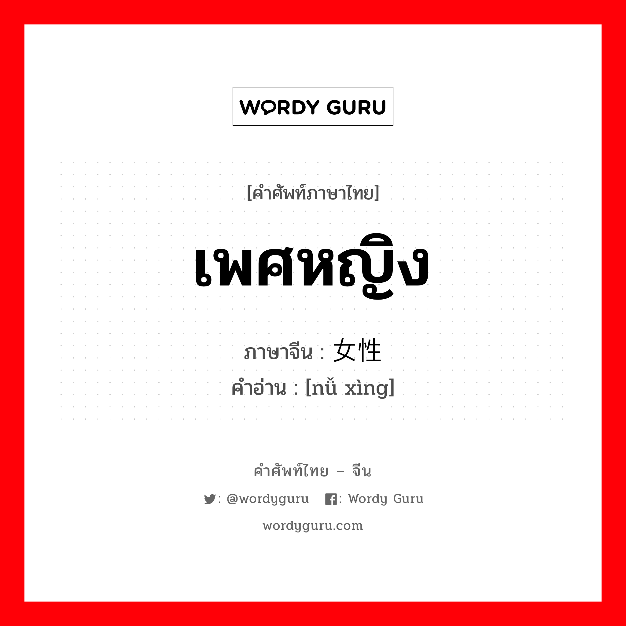 เพศหญิง ภาษาจีนคืออะไร, คำศัพท์ภาษาไทย - จีน เพศหญิง ภาษาจีน 女性 คำอ่าน [nǚ xìng]