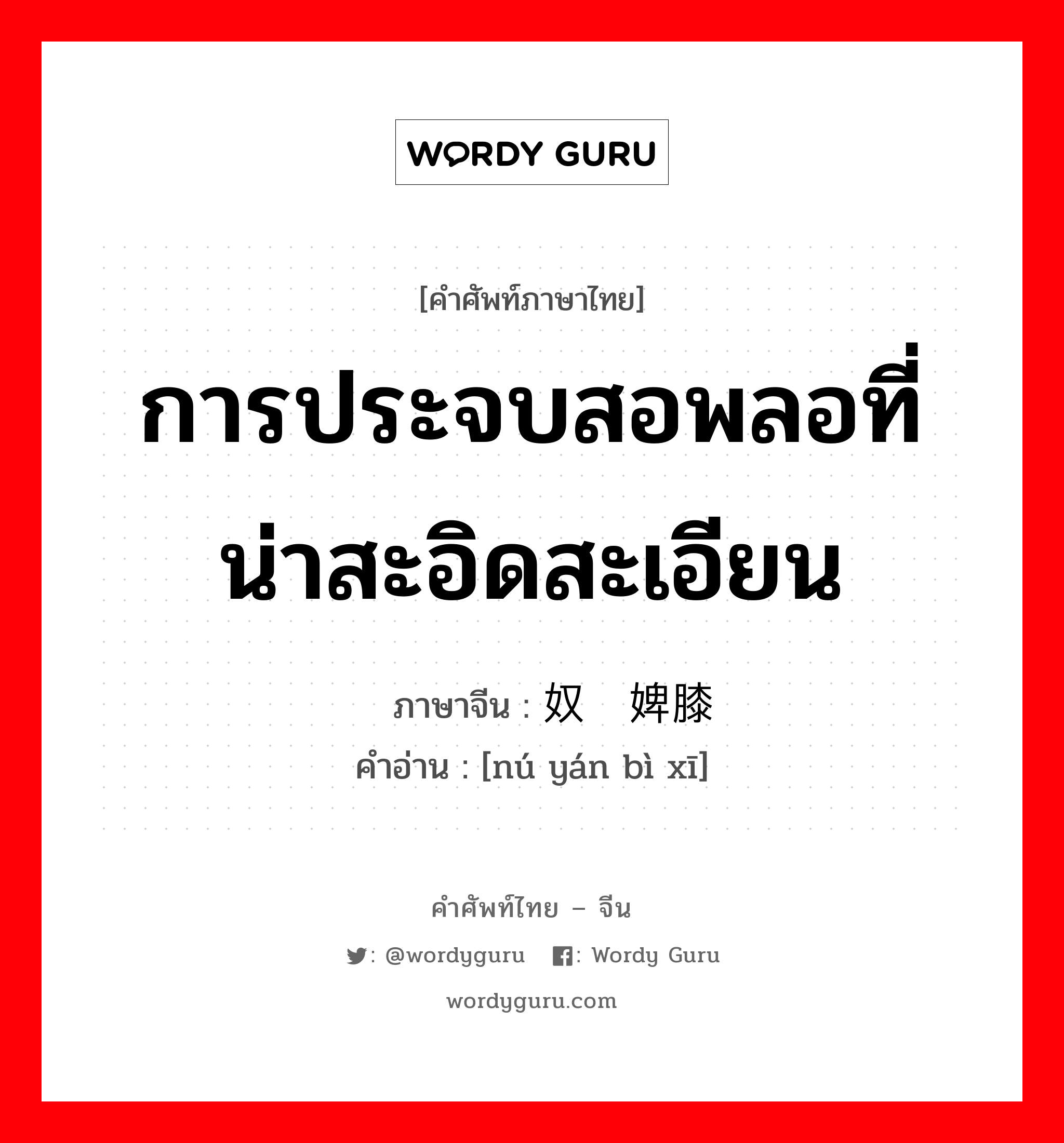 การประจบสอพลอที่น่าสะอิดสะเอียน ภาษาจีนคืออะไร, คำศัพท์ภาษาไทย - จีน การประจบสอพลอที่น่าสะอิดสะเอียน ภาษาจีน 奴颜婢膝 คำอ่าน [nú yán bì xī]